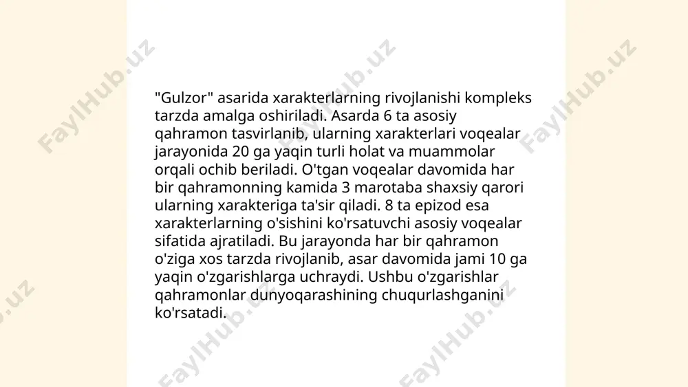 ifodalash, adabiyotda muhim usuldir. bu jarayonda muallif obrazlar, ya'ni xarakterlar yoki timsollar orqali o'z fikr va g'oyalarini tushunarli qilib yetkazadi. obrazlar asarning markaziy o'rnini egallab, o'quvchilarga muallifning niyat va maqsadlarini yangicha ko'rinishda ochib beradi. obrazlar orqali muhim mavzular, xulq-atvorlar va ijtimoiy muammolar o'rganiladi. misol sifatida, alisher navoiy yoki abdulla qodiriy kabi yozuvchilarning asarlarini ko'rib chiqish mumkin, bu asarlarda obrazlar orqali jamiyatning dolzarb masalalari va inson hayoti yoritiladi. shu tariqa, obrazlar orqali asarning g'oyaviy tuzilishi chuqur qirrali bo'ladi. ... t.me/slaydai_bot 7. qahramonlar xarakteridagi murakkabliklar. qahramonlar xarakteridagi murakkabliklar ko‘pincha ularning ichki ziddiyatlari va qarama-qarshi tomonlarning birlashishidan kelib chiqadi. adabiyotda va san’atda murakkab qahramonlar o‘zining ijobiy va salbiy jihatlari bilan ajralib turadi. ular ko‘pincha aniq bir maqsad yoki missiya bilan harakat qiladi, biroq yo‘l davomida shubha, qo‘rquv yoki etik qiymatlarning qarama-qarshiligiga duch kelishi mumkin. shu orqali ular rivojlanadi va o‘zini anglaydi. masalan, dostoevskiyning "jinoyat va jazo" asaridagi raskolnikov qahramonining ruhiy holatlari va ichki …