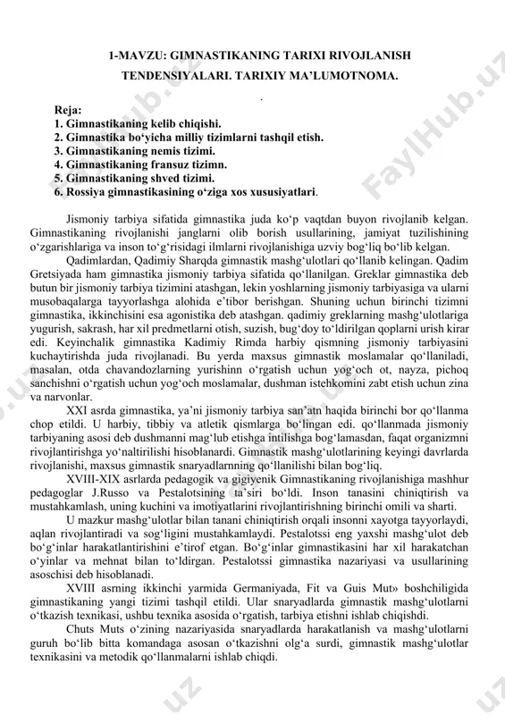 qnomasida" nemis gimnastikasini, aniqrog‘i shpissenn tanqid qilgan. fransiyada polkovnik amorosole va uning izdoshlari tomonidan fransuz gimnastikasining tizimi tuzilgan edi. u asosan harbiy mashqlardan iborat edi - yurish, yugurish, sakrash, suzish, otish, qilichbozlik, yaradorlarni ko‘tarish. bundan tashqari amorosole o‘zining gimnastikasiga ashula, musiqa ishtirokida tayyorlov mashg‘ulotlarini va qo‘l mehnatini kiritgan edi. mashg‘ulotlarda amorosole snaryadlar (narvon, tayoq)ni kam kuch sarf etib, tez va chaqqon olib yurishni talab etardi. ushbu mashg‘ulotlar tarbiyalanuvchilarda vatanga nisbatan vatanparvarlik xis-tuyg‘uni uyg‘otish maqsadida musiqa ishtirokida bajarilishini talab etardi. amorosole gimnastikasi boshqa mamlakatlarda ham ommalashdi. shved gimnastikasi gigiyenik yo‘nalishda edi va ko‘p mamlakatlarda asosiy gimnastika maktabi sifatida keng tarqaldi. bu tizimning asoschilari p.ling va y.ling edi. daniya ushbu davrda yevropaning rivojlangan mamlakatlaridan biri edi va u yerda 1779 yili birinchi gimnastika jamiyati va instituti tashqil etilgan edi. keyinchalik stokgolmda maxsus institut ochildi. ushbu institutda p.ling o‘zining jismoniy tarbiya usullarini qo‘llar edi. jismoniy tarbiya uchun odam tanasining rivojlanishiga va mustahkamlanishiga olib …