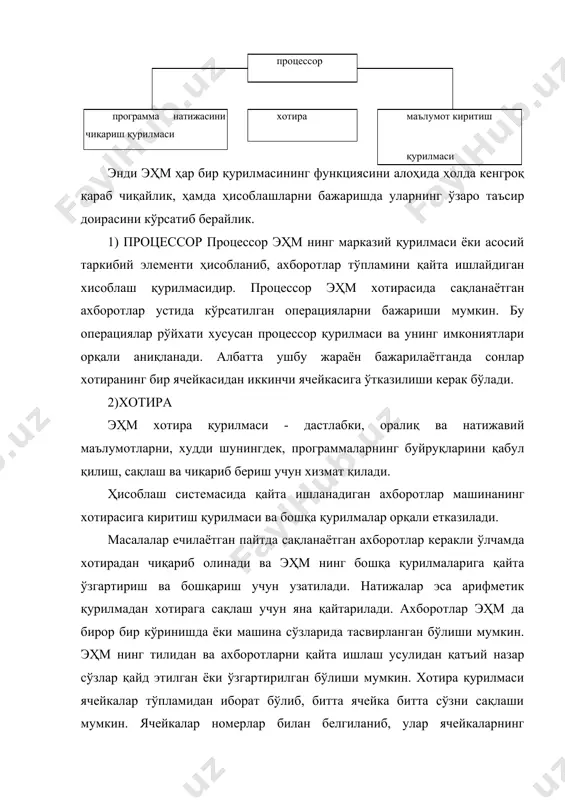 отларни ҳамда масалани ечиш учун керакли бўлган программаларни ва компьютер ишларини ташкиллаштириш учун қўшимча программаларни вақтинча сақлашга хизмат қилади. шуни айтиш керакки, оператив хотира фақат масалалар ечилаётган пайтдагина ўзининг хақиқий вазифасини таъминлайди. эҳм ўчирилиши билан оператив хотирада жой олган барча турдаги ахборотлар умуман йўқ бўлиб кетади, яъни ўчирилиб кетади. ташқи хотира алоҳида хотира бўлиб, катта ҳажмдаги ахборотларни узоқ муддатга сақлаш учун хизмат қилади. ундаги ахборотларни оператив хотирага ўтказгандан кейингина қайта ишлаш мумкин бўлади. ташқи хотира қурилмаларига магнит ленталар, магнит дисклар, магнит барабанлари, компакт дисклар, флеш дисклар ва магнит карталари мисол бўлади. 3) киритиш ва чиқариш қурилмалари машина хотирасида сақланадиган ва процессор қайта ишлайдиган ахборотларни хамда маълумотларни эҳм ишининг натижалари сифатида фойдаланувчиларга етказилиши шарт, яъни улар компьютер хотирасидан чиқарилиб, фойдаланувчига берилиши керак. ана шу операциялар туркуми киритиш-чиқариш қурилмалари орқали амалга оширилади. тугмачалар мажмуаси барча хилдаги алфавитли ва бошқа турдаги махсус символли ахборотларни киритишни таъминлайди. баъзида тугмачалар мажмуаси бошқариш пульти деб ҳам …
