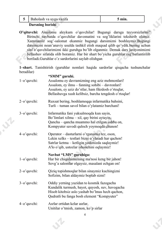 llab-quvvatlash imkoniyati mavzud bo’lib, sayt tillarini qo’shish ushun bir necha shablon yoki mavzulardan foydalanish imkonini beradi. instagram-foto va videolarni tasvirga olish yoki boshqa platformalar orqali yuklash imkoniyatiga ega ijtimoiy tarmoq.shuningdek, unda foto va videolarni raqamli filtrlash(sifatini yaxshilash) imkoniyati ham mavjud.instagram kevin systrom va mayk krieger tomonidan yaratilgan bo’lib,bepul mobil ilova sifatida 2010-yilning oktyabr oyida ishga tushgan. freelancer (ing.free-erkin, lancer-nayza)-erkin ishchi bo’lib, asosan,bir martalik yoki mavsumiy xizmatlarni bajarish uchun yollangan, buyurtma asosida qandaydir ish yoki xizmatni kelishilgan haq evaziga belgilangan vaqt davomida amalga oshirib beruvchi shaxs. bugungi pandemiya sharoiti freelancerlik faoliyatining ommalashishiga sababchi bo’ldi.hozirda internet orqali masofadan turib ishlash bilan daromad topadigan freelancerlarning barqaror qatlami paydo bo’ldi.ularga oddiy ishlardan tortib yuksak bilim, malaka talab etiladigan ishlar bo’yicha talab va ehtiyoj ortib bormoqda. o’qituvchi: ammo lekin o’quvchilar ming yil avval ham mashhur bo’lgan bizning bobolar har bir ilmda tеngsiz nom qozongan daholar. xalqimizning faxridir nеcha buyuk siymolar al – xorazmiy, farobiy bеruniy, …