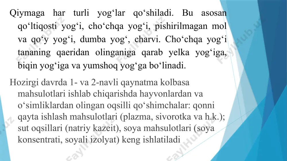 mik ishlov beriligshiga qarab pasterizatsiya va sterilizatsiya qilingan bo‘ladi. konservalarning asssortimenti nomi 400 dan ortiq. asosiy xom ashyoga qarab konservalar go‘shtdan (mol, qo‘y go‘shtidan) qilingan, parranda go‘shtidan, kalla-pochalardan, bolalar ovqati va parhez ovqatlar uchun go‘shtli o‘simlik konservalar hamda o‘simlik konservalar bo‘ladi. go‘shtdan qilingan konservalarga dimlangan, qovurilgan go‘sht va hokazo kiradi. mol va qo‘y go‘shtidan dimlab tayyorlangan konservalar eng ko‘p tarqalgan. dimlangan mol go‘shti va dimlangan qo‘y go‘shti oliy nav va 1-nav qilib chiqariladi. mol go‘shti konservasi tarkibidagi go‘shti 46,5% va qo‘y go‘shti konservasida 54%, yog‘ esa tegishlicha 10,5% va 8% bo‘ladi. qovurilgan go‘sht mol yoki qo‘y go‘shtidan jazlarini ilik yoki piyoz qo‘shib qovurib, ustiga sardagini quyib hosil qilinadi. qovurilgan go‘sht konservalari navlarga bo‘linmaydi. tarkibida go‘sht bilan yog‘ 87%, piyozli sardak 13% bo‘lishi kerak. qovurilgan jaz uni hayvon yog‘ida qovurib pomidor sousi qo‘shib tayyorlanadi. tarkibida go‘sht 70%, sous 30% bo‘ladi. qiyma go‘sht konserva tayyorlash uchun mol go‘shtini maydalab piyoz, ziravor qo‘shib …