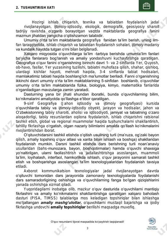 lash ko‘nikmalarini rivojlantirishdan iborat. o‘qituvchidarsini tashkil etishda o‘qitish usulining turli (ma’ruza, og‘zaki bayon qilish, amaliy topshiriq o‘quv atlasi va xarita bilan ishlash va boshqa) shakllaridan foydalanish mumkin. darsni tashkil etishda dars berishning turli noan’anaviy usullaridan (bahs-munozara, bayon, boshqotirmalar) hamda o‘quvchi shaxsiga yo‘naltirilgan, ularni faollashtirish va jadallashtirishga asoslangan, muammoli ta’lim, loyihalash, interfaol, hamkorlikda ishlash, o‘quv jarayonini samarali tashkil etish va boshqarishga asoslangan ta’lim texnologiyalaridan foydalanish tavsiya etiladi. axborot kommunikatsion texnologiyalar jadal rivojlanayotgan davrda o‘qituvchi tomonidan dars jarayonida zamonaviy texnologiyalarda foydalanishi dars samaradorligining oshishiga va o‘quvchilarning fanga bo‘lgan qiziqishlarini yanada oshirishga xizmat qiladi. yuqoridagilarni inobatga olib, mazkur o‘quv dasturida o‘quvchilarni mantiqiy fikrlashini va amaliy ko‘nikmalarini shakllantirishga qaratilgan xalqaro baholash dasturi (pisa, timss) talablariga mos keladigan topshiriqlar bilan ishlashga mo‘ljallangan amaliy mashg‘ulotlar, o‘quvchilarni mustaqil bajarishga va ijodiy fikrlashga undovchi amaliy topshiriqlar berilishi maqsadga muvofiq. 2. tushuntirish xati o‘quv resurslarni tijorat maqsadida ko‘paytirish taqiqlanadi! 4 amaliy mashg‘ulot strukturasiga mashg‘ulotni bajarish tartibi va uni o‘tkazish …