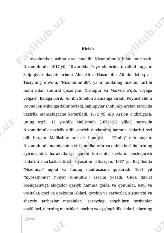 uvligini taʼminlash uchun harakat qilishga daʼvat qiladi. nizomulmulk 1092-yil 14-oktabrda bagʻdod safari yoʻlida yollangan qotil tigʻidan halok boʻladi. nizom o‘limi oldidan dushmanlari unga qarshi fitna uyushtirayotganini bilib, mahkamada mashhur nutq so‘zladi: “sultonga ayt, agar hukmdorlik ishida men senga tengdosh ekanimni anglamagan bo‘lsang, bilki, sen bu qudratga faqat mening davlatchilik va hukmim bilan erishding. uning otasi qachon o‘ldirilganini eslamaydimi, men esa o‘z oilasidan va boshqa joylardan bo‘sh turgan isyonchilarni tor-mor qilib, ishlarni olib borishni o‘z zimmasiga oldim. unga ayting-chi, bu shoh qalpoqning barqarorligi ushbu vazirlik siyoh bilan bog'liq va bu ikki manfaatning uyg'unligi barcha qidirilayotgan narsalarni ta'minlash vositasi va barcha erishilgan narsalarning yakuniy sababidir. agar men bu siyoh idishini yopsam, bu qirol hokimiyati ag'dariladi.” – degan edi u o’z nutqida. xiv asr qo’lyozmasidan ismoil fidaiy miniaturasi. nizomulmulkning qotillar tomonidan o’ldirilishi. “siyosatnoma” asari o’z davri uchun, nizom al-mulk o'zining podshohlik haqidagi "siyosatnoma" (hukumat kitobi) nomli katta risolasi bilan ham mashhur bo'lib, u …