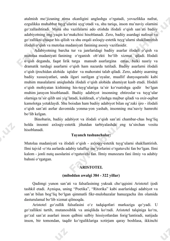 siyatlarini chuqur o‘rganish orqaligina, ifodali o‘qishda ma’lum natijalarga erishish mumkin. xo‘sh, ifodali nutqni o‘rganish uchun nimalarga e’tibor berish kerak? ifodali o‘qish o‘zi nima? sodda qilib aytganda, “ifodali o‘qish adabiy asarni tushunarli va ta’sirchan o‘qish demakdir. bu o‘qish san’ati yod olingan matnni ifodali o‘qishni ham o‘z ichiga oladi. ifodali o‘qishda fikrlarniyanada silliq, aniq, go‘zal shaklda talqin etish uchun emotsional vositalardan unumli foydalaniladi. ifodali o‘qishning badiiy emotsional bo‘lishi uchun o ‘quvchi-ijrochi asar mazmuni, g‘oyaviy-badiiy jihatlari haqida tasavvurga ega bo‘lishi lozim”. ifodali o‘qishning o‘ziga xos xususiyati shundaki, u insonda tuyg‘u va kayfiyatlar hosil qiladi, aniqrog‘i, voqelikning his-tuyg‘uli qiyofasini yaratadi. ifodali o‘qish jarayonida asar voqealari “jonlanadi”, qahramonlar “tilga kiradi”. o‘quvchi bir vaqtning o‘zida ham muallif, ham qiyofa (obraz) yaratuvchi, ham ijrochi sifatida namoyon bo‘ladi. demak, ifodali o‘quvchi ma’lum darajada aktyorlik san’atidan ham xabardor bo‘lishi lozim. ifodali nutq san’atini o‘rganishning muhim vositalardan biri badiiy asarlarni ko‘proq mutolaa qilishdir. asarning mazmun-mohiyati, qahramonlar xarakter xususiyati, maqsad va …