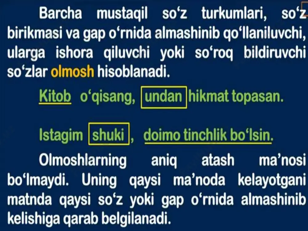 ) yechim:kishilik olmoshlari asosan gapda ega, to’ldiruvchi va aniqlovchi vazifasida keladi 267- mashq. matnni o‘qing. undagi ot, sifat, son va olmoshlarni aniqlang. ularni alohida guruhlab yozing. yunus rajabiy kuy va qo‘shiqlari bilan xalqqa tanildi. uning hayoti va ijodi o‘zbekiston radiosi bilan bog‘liq. bastakor radioda maqomchilar an-samblini tuzgan. yigirma yil davomida to‘plagan asarlarini tartibga keltirib, ajoyib kitob qilgan. yunus rajabiyning 5 jildli „o‘zbek xalq musiqasi“, 6 jildli „shashmaqom“ kitoblari xalqimizga o‘lmas meros bo‘lib qoldi. ot : kuy, qo`shiq, xalq, radio, bastakor, kitob, meros sifat; ajoyib, o`lmas son:yigirma yil, 5 jildli, 6 jildli olmosh: uning, iv-yangi mavzuni mustahkamlash uchun boshqotirmalar yechamiz bajarilishi yuzasidan ko`rsatma beriladi: so‘zlarni o‘qing. so‘z boshida kelgan undoshni to‘g‘ri ayting. doskada va mustaqil bajariladi. mavzu yuzasidan o’quvchilarga tarqatmalar berilib savol javoblar o’tkaziladi. v. o`quvchilarni rag`batlantirish. darsni yakunlash: darsda faol qatnashgan o`quvchilarni rag`batlantiraman. doskada mashq bajargan o`quvchilarni baholayman. uyga vazifa: o`quvchilarga uy vazifasini bajarilishi yuzasidan ko`rsatma berib darsni yakunlayman. 268- …