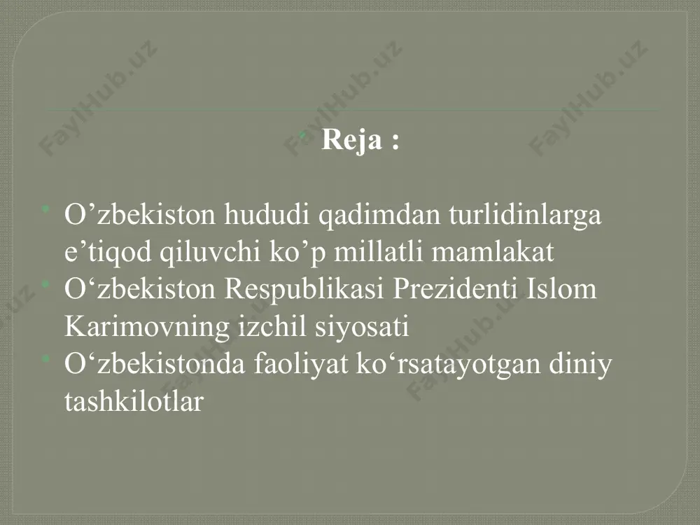 hos marosim va rasm rusumlarga ega dinning jamiyatdagi vazifalari kompensatorlik regulyatorlik kommunikativ integratorlik legitimlovchilik o’zbekistonda turli din, millat va elat vakillari farovon yashashi uchun qulay sharoitlar yaratilgan bo’lib, islom, xristianlik, yahudiylik, bahoi jamoalari va krishnani anglash jamiyati, bular bilan birgalikda ularning turli oqimlari va yo’nalishlari vakillari tinch, osoyishta va farovon hayot kechirib kelmoqda. mustaqillik sharoitida etnik munosobatlar va din sohasida olib borilayotgan izchil va qat’iy siyosat tufayli mamlakatimizda millatlararo totuvlik va konfessiyalararo hamkorlik qaror topdi. konstitustiyamizda «o’zbekiston respublikasida barcha fuqarolar bir xil huquq va erkinliklarga ega bo’lib, jinsi, irqi, millati, dini, ijtimoiy kelib chiqishi, e’tiqodi, shaxsi va ijtimoiy mavqeidan qat’i nazar, qonun oldida tengdirlar», - degan tamoyilning mustahkamlab qo’yilishi esa, bu boradagi ishlarning qonuniy asosi bo’lib xizmat qilmoqda. milliy qadriyatlar tolerantlikni rivojlantirishda muhim o’rin tutadi. tolerantlik-o’zligini anglagan millat vakillarining boshqa millat vakillari tomonidan kamsitilishiga yo’l qo’ymaslik, ular bilan tinch, farovon hayot kechirishidir. tolerantlik tuyg`usi insonning xulq atvori, odob axloqi, siyosiy …