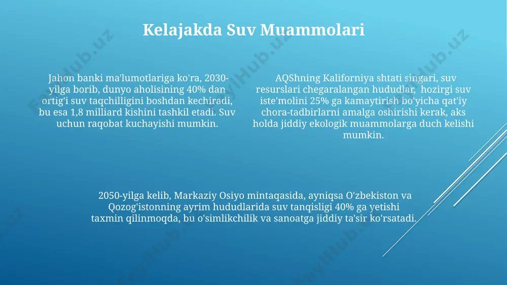 inson hayoti uchun ahamiyati shundaki, inson tanasining taxminan %60-ni suv tashkil etadi va kuniga kamida 2 litr suv iste'mol qilish sog'liq uchun muhimdir, ayniqsa, issiq iqlim sharoitida, masalan, qarshi viloyatida. jahon sog'liqni saqlash tashkiloti (jsst) ma'lumotlariga ko'ra, dunyo bo'yicha 2 milliarddan ortiq odam toza ichimlik suvi manbalariga kirish imkoniyatidan mahrumdir, bu esa ko'plab kasalliklarning tarqalishiga olib keladi, jumladan, afrikaning sahroi kabir mintaqasida. suv tejovchi texnologiyalar 2022 йилда тошкент шаҳрида 50 тадан ортиқ кўп қаватли биноларда сув тежовчи санитария-техника асбоб-ускуналари ўрнатилди, бу эса шаҳарнинг сув истеъмолини йилига 15 миллион кубометргача камайтиришга ёрдам берди. жанубий кореяда ишлаб чиқарилган сув тозалаш мембраналари, 99,9% гача зарарли моддаларни йўқотади ва 1 кубометрга 2 доллардан кам харажат билан 1000 литр тоза сув олиш имконини беради. сув тежовчи технологияларнинг 30% дан ортиғи, хусусан, томчилатиб суғориш тизимлари, 2023 йилда ўзбекистондаги пахта майдонларида қўлланилмоқда ва сув сарфини 40% гача камайтирмоқда. suvning fizikaviy xossalari suvning yopishqoqligi 20°c da taxminan 1000 …