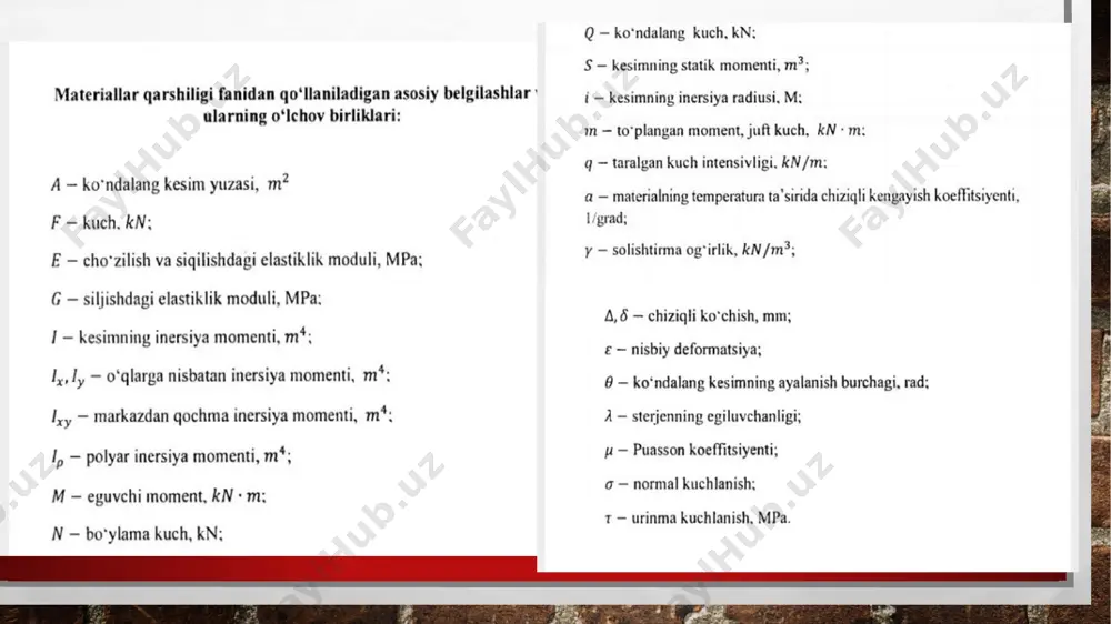 q= 4 tk, markaziy o'qqa nisbatan inertsiya momenti jx -quyidagiga teng bh3  12 = (3.3 bo'limga qarang) bizning misolimizda kesim eni b o'zgarmas kattalik va 12 ga teng. kesimni bir qator-nolinchidan to'rtinchigacha darajalarga bo'lib chiqamiz. to'g'ri to'rtburchak yuqori qirrasidan o'tuvchi nolinchi daraja uchun statik moment nolga teng mos ravishda 1= 0 birinchi daraja uchun kesim hisob yuzasi ikkinchi daraja uchun kesim hisob yuzasi uchinchi daraja uchun kesim hisob yuzasi 15 x 12=180 sm2, ammo uning kesim x neytral o'qiga nisbatan statik momenti «musbat» va «manfiy» qismlardan tashkil topadi, to'rtinchi darajadan yuqorida butun ko'ndalang kesim yuzasi yotadi va statik moment aniqlanayotgan x o'qi markaziy o'q bo'lgani uchun (8.2 bo'limga qarang), kattaligi nolga teng, demak mos ravishda kesim pastki qirralaridagi urinma kuchlanishlar nolga teng. 3 rasmda ko'ndalang egilishdagi balka to'g'ri to'rt burchakli kesimlarida urinma kuchlanishlar epyurasi tasvirlangan. epyuradan eng katta urinma kuchlanishlar kesimning neytral o'q bilan mos keluvchi darajasida hosil bo'lishi …