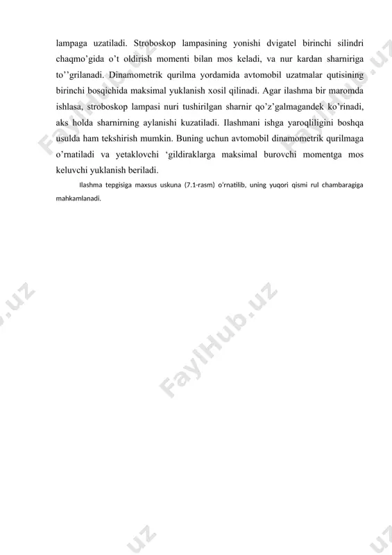 lari birikish bulaklarining va shlitsalarning yeyilganligi uni burash vaqtida nisbiy siljish holatlarini ko’z bilan kuzatish orqali aniqlanadi. kardan validagi lyuftni o’lchash uchun qo’l tormozini oxirigacha tortib qo’yilib, kardan vilkasining asosiy uzatma bilan ulangan ayrisiga lyuftomer (7.2-rasm) o’rnatiladi. lyuftomer dastagi qabul qilingan burovchi moment bilan bir tomonga tortilib, graduirovkalangan disk suyuqlik sathi orqali “nol” holatiga keltiriladi. so’ng xuddi shu burovchi moment bilan lyuftomer dastagi teskari tomonga buraladi va uzamtadagi lyuft o’lchanadi. uning qiymati 2 ° oshmasligi kerak. uzatmalar qutisi va orqa ko’prikni diagnostikalash lyuftlar, tebranishlar va qizish holatlarini kuzatish bilan amalga oshiriladi. lyuftlar orqali diagnostikalashda ma’lum burovchi momentda (20-25 n(m) transmissiyadagi lyuftlarni o’lchash uchun lyuftomer-dinamometrdan (7.2-rasm) foydalaniladi . 7.2-rasm. ki-4832 rusumidagi lyuftomer. 1-mahkamlash lablari; 2-buragich; 3-graduirovkalangan disk; 4- rangli suyuqlikli yarim aylana polietilen trubka; 5-strelka; 6-dinamometrik dasta shkalasi; 7-dinamometrik dasta uzatmalar qutisidagi lyuft qo’l tormozi qo’yib yuborilgan holatda, har bir bosqichda lyuftni o’lash orqali amalga oshiriladi. bunda lyuftomer kardan valini tekshirish …