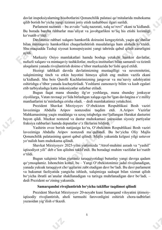 adli ish o‘rinlari yaratildi. so‘nggi uch yilda umumiy quvvati 2,7 million kilovatt-soat bo‘lgan 10 ta yirik quyosh va shamol stansiyalari ishga tushirildi. muqobil energiya ulushi o‘tgan yilga nisbatan 3 barobar ko‘paydi. maktabgacha ta’limda qamrov 74 foizdan, oliy ta’limda esa 39 foizdan oshdi. barcha hududlarda “inson markazlari” ochilib, ijtimoiy xodimlar tomonidan bevosita mahallalarda aholiga 100 dan ortiq ijtimoiy xizmatlar ko‘rsatish yo‘lga qo‘yildi. “o‘zbekiston – 2030” strategiyasida mamlakatimiz yalpi ichki mahsuloti hajmini 160 milliard dollarga yetkazish maqsad qilib qo‘yilgan edi. barcha imkoniyatlar ishga solingani tufayli bu ko‘rsatkich joriy yilning o‘zida 110 milliard dollarga yetishi kutilmoqda. shunday sur’at jadal davom ettirilsa, 2030 yilga borib, mamlakatimiz iqtisodiyoti hajmini 200 milliard dollarga yetkazish salohiyati borligi ta’kidlandi. bu aholining turmush darajasi va sifatini keskin yaxshilashga asos bo‘ladi. xususan, aholi jon boshiga daromadlarni 5 ming dollardan oshirish, kambag‘allik darajasini 5 foizga tushirib, ehtiyojmand aholi uchun mustahkam ijtimoiy sug‘urta tizimini joriy etish, tibbiyotga ajratilayotgan mablag‘larni 2 barobar ko‘paytirib, …