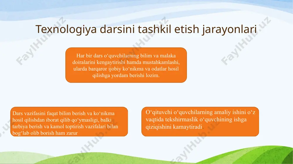 h haqini halollab olish lozimligini his qilishi kerak. chunki, har bir fan o‘qituvchisi faoliyati asosini sifatli dars o‘tish, o‘quvchilarga yaxshi ta’lim-tarbiya berish tashkil etadi. o‘qituvchining darsga tayyorgarligi shartli ravishda quyidagi ikki bosqichdan iborat: 1. o‘qituvchining o‘z fani yuzasidan umumiy tayyorgarligi. 2. o‘qituvchining har bir darsga kundalik tayyorgarligi. o‘qituvchining umumiy tayyorgarligi muntazam amalga oshirib boriladigan jarayon bo‘lib, o‘quv yili boshlanishi oldidan quyidagilarni qamrab oladi: - milliy dastur (avval dts), o‘quv reja hamda ularga berilgan tushuntirish xatlarini o‘rganib chiqish; - o‘zi dars beradigan o‘quv faniga oid yangi ilmiy va metodik adabiyotlarning mazmuni bilan tanishish; - tegishli ko‘rgazma materiallarni, o‘quv-jihozlarini o‘rganish, ularni qo‘llay bilish; - ilg‘or o‘qituvchilarning ish tajribalarini o‘rganish, tahlil qilish orqali o‘z bilimini kengaytirish; - kompyuter texnikasidan foydalanish ko‘nikmasini shakllantirib, bu boradagi mahoratini oshirish, elektron darsliklar, matn muharrirlari, "ziyonet" axborot ta’lim portaliga joylangan ma’lumotlardan samarali foydalanish kabilardir. o‘qituvchining darsga kundalik tayyorgarligi eng asosiy vazifalardandir. darsga tayyorgarlik ko‘rish quyidagi bosqichlarda amalga oshirilishi …