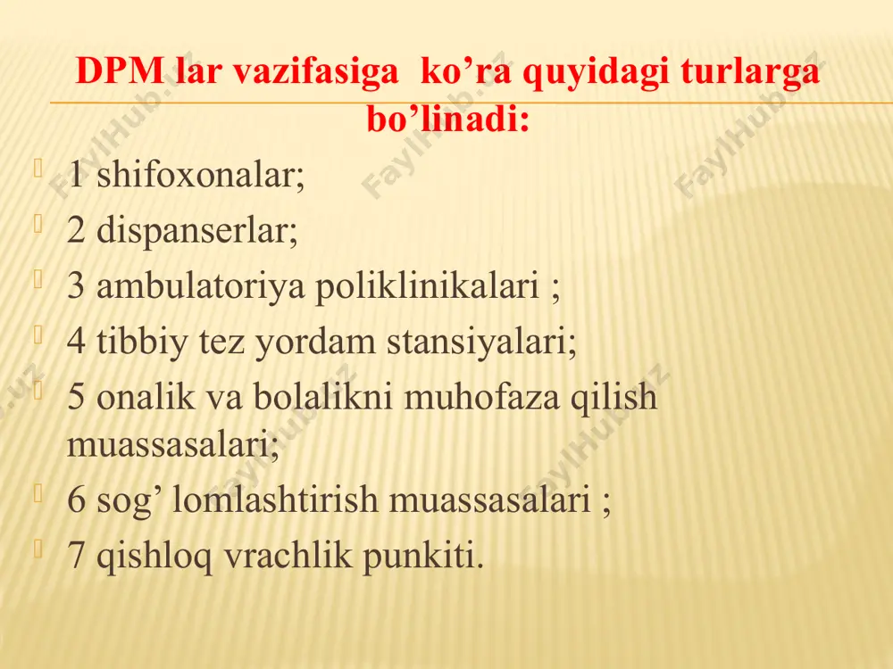 or (masalan, klinik ilmiy tadqiqot institutlari qoshidagi poliklinikalar). poliklinikada terapevt, xirurg, nevrolog, revmatolog, ginekolog, lor xizmat qiladi; poliklinika tarkibida fizioterapiya va funksional diagnostika boʻlimlari, labaratoriya, dorixona va boshqa boʻladi. tibbiy tez yordam stansiyalari tez tibbiy yordam — inson hayoti hamda sogʻligʻi uchun xavfli holatlar roʻy berganda kechasiyu kunduzi shifoxonagacha koʻrsatiladigan tibbiy yordam turi va tizimi. tez tibbiy yordamning vazifasi hodisa yuz bergan joyda, uyda, bemorni kasalxonaga olib keta turib shoshilinch, shu jumladan mutaxassis vrach tomonidan yordam koʻrsatish, lozim boʻlsa, bemorlarni kasalxonaga yetkazishni taʼminlashdan iborat onalik va bolalikni muhofaza qilish muassasalari onalar va bolalar muhofazasi — onalar va bolalar salomatligini saqlash va mustahkamlash, sogʻlom, jismonan va aqlan barkamol bolalarni tarbiyalashga karatilgan davlat va ijtimoiy-tibbiy tadbirlar tizimi. oʻzbekiston respublikasida bu tizim ayollar, homiladorlar va emizikli onalar mehnatini muhofaza qilish krnunchiligi, onalar va bolalarni ijtimoiy-huquqiy himoya qilish, shuningdek, akusherlik-ginekologiya va pediatriya yordamini koʻrsatadigan maxsus davolash-profilaktika muassasalari tarmoklarini yaratishga asoslangan sog’ lomlashtirish muassasalari sanatoriy …