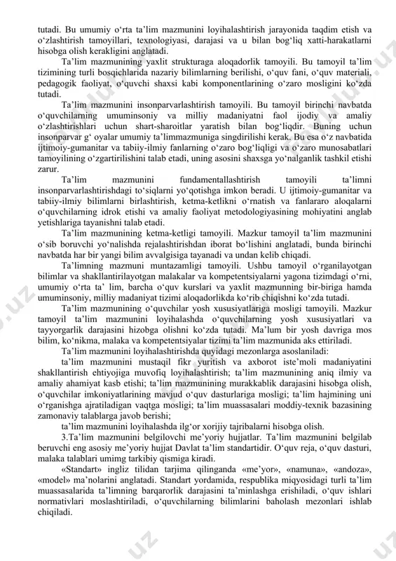 va funktsiyalarni takomillashtirishni talab etadi. yuqorida ta’kidlab o‘tilganidek, kompetent yondashuv umumiy o‘rta ta’limni modernizatsiyalash nuqtai nazaridan yangi pedagogik voqelik hisoblanadi. mazkur yondashuv doirasida amaliy faoliyat tajribasi, kompetensiya va kompetentlikni didaktik birliklar sifatida ko‘rib chiqish hamda ta’limning an’anaviy uch elementi (triada) - «bilim - ko‘nikma - malaka»ni oltita birlik (sikstet) - «bilim - ko‘nikma - malaka - amaliy faoliyat tajribasi - kompetensiya - kompetentlik» tarzida tahlil etilishi talab etiladi. kompetentsiyaviy yondashuvda ta’limning an’anaviy uch elementi (triada) - «bilim - ko‘nikma - malaka»ni oltita birlik (sikstet) - «bilim - ko‘nikma - malaka - amaliy faoliyat tajribasi - kompetensiya - kompetentlik» tarzida tahlil etish talab etiladi. umumiy o‘rta ta’limda kompetent yondashuvni tatbiq etish haqida gap ketganda, kasbiy ta’limdan farqli ravishda «umumta’limiy kompetensiya» tushunchasini ta’lim amaliyotiga tatbiq etish maqsadga muvofiqdir. chunki umumta’lim maktabi o‘quvchisi hali ma’lum bir kompetensiyani o‘zida to‘liq aks ettira olmasa ham, uning ayrim komponentlarini amalga oshirishga qodirdir. o‘quvchi uchun kompetensiya - …