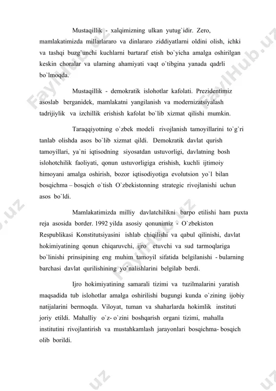 akkur qarashlar bilan qurib bo`lmasligini anglab yetish odamlar dunyoqarashining o`zgarishiga olib keladi. mamlakatamizda demokratik islohotlarni yanada chuqurlashtirish va fuqarolik jamiyatini rivojlantirish konsepsiyasi. shu kunlarda barchamiz nihoyasiga yetib borayotgan 2010 yilni yakunlab, vatanimiz mustaqilligining 20 yilligi nishonlanadigan yangi 2011 yil ostonasida turibmiz deb ta`kidladilar prezidentimiz. ma`lumki, o`zbekiston 1991 yili o`z mustaqilligini qo`lga kiritganidan so`ng, umrini o`tab bo`lgan mustabid, ma`muriy – buyruqbozlik, rejali - taqsimot tizimidan voz kechib, “ o`zbek modeli” deb nom olgan o`z taraqqiyot yo`lini tanlab oldi. biz ishlab chiqqan va bugungi kunda hayotga tatbiq etayotgan ushbu modelning ma`no- mazmuni - davlat qurilishi va konstitutsiyaviy tuzumni tubdan o`zgartirish va yangilash, iqtisodiyotni mafkuradan xoli etish, uning siyosatdan ustunligini ta`minlash, davlatning bosh islohotchi vazifasini bajarishi, ya`ni islohotlar tashabbuskori bo`lishi va ularni muvofiqlashtirib borishi, qonun ustuvorligini ta`minlash, kuchli ijtimoiy siyosat yuritish, islohotlarni bosqichma – bosqich va izchil olib borish tamoyillariga asoslanadigan siyosiy, iqtisodiy va ijtimoiy islohotlarni amalga oshirishdan iboratdir. izchil yuqori o`sish sur`atlari, …