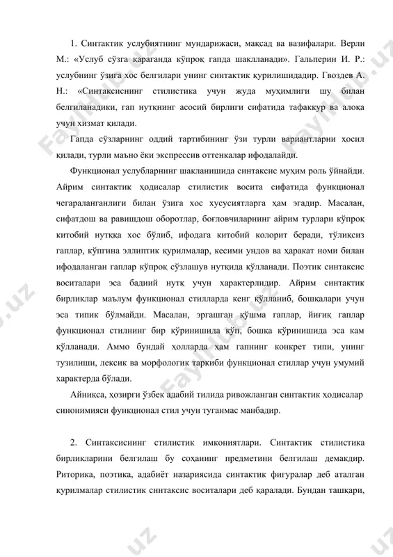 бирликлар маълум функционал стилларда кенг қўлланиб, бошқалари учун эса типик бўлмайди. масалан, эргашган қўшма гаплар, йиғиқ гаплар функционал стилнинг бир кўринишида кўп, бошқа кўринишида эса кам қўлланади. аммо бундай ҳолларда ҳам гапнинг конкрет типи, унинг тузилиши, лексик ва морфологик таркиби функционал стиллар учун умумий характерда бўлади. айниқса, ҳозирги ўзбек адабий тилида ривожланган синтактик ҳодисалар синонимияси функционал стил учун туганмас манбадир. 2. синтаксиснинг стилистик имкониятлари. синтактик стилистика бирликларини белгилаш бу соҳанинг предметини белгилаш демакдир. риторика, поэтика, адабиёт назариясида синтактик фигуралар деб аталган қурилмалар стилистик сннтаксис воситалари деб қаралади. бундан ташқари, ўринли ва оригинал қўлланган синтактик қурилмалар ҳам стилистик воситалар бўлиб хизмат қилади. антик риторикадан бошлаб синтактик фигуралар деб аталаётган ҳодисалар (риторик сўроқ, эллипс, градация, банд, анафора, эпифора, такрор, антитеза кабилар) бадиий-поэтик синтаксис бирликлари ҳисобланади. ўзбек тили бадиий-поэтик синтаксиси элементлари ҳақида фикр юритилганда ҳам, шулар тилга олинади. ўзбек тили тараққиётининг ҳозирги босқичида функционал услублар фарқланиб, унинг илмий, бадиий, публицистик, расмий иш қоғозлари, …