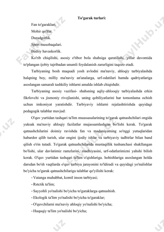 'yicha; · tehnik ijodkorlik yo'nalishi bo'yicha; · istiqlol bolalari va iste'dodli yoshlar; · iqtisodiy ta'lim. o'quvchilaming mustaqilligi turli darajada bo'lganida mustaqil tayyorgarlik amalga oshirilish mumkinligini hisobga olish muhimdir, albatta bu esa ular shahsining shakllanishiga shubhasiz ta'sir ko'rsatadi. ayrim o'quvchilaming ishdagi faol va mustaqil holati tarbiyachining aralashuvini talab etmaydi. chunki o'quvchilarning o'zlari oldilarida turgan vazifalarini va ularni hal etish yo'llarini ancha yahshi tushunadilar. bolalar iarbiyachi yordamisiz ishlaydilar. bu yerda tarbiyachining aralashuvi maqbul emas. chunki bunday holat bolalarning mehnatsevarligini, bilish ehtiyojlarini shakllantirishda eng kata imkoniyatga cgadir. o'quvchi mustaqil harakat qilib, lekin o'z ishini tarbiyalashning fikri va bahosiga bog'liq qilib qo'ygan paytda tobe mustaqil holat vujudga keladi. ish qiziqish va ishtiyoq bilan bajarilsa ham mustaqil ishni bajarayotgan harakatlarida ishonchsizlikjihatlari mavjud bo'ladi. guruh rahbarining rahbarligi va nazorati ostida harakat qiladigan o'quvchilar toifasida majburiy ijro etish holati paydo bo'ladi. bunda o'quvchilar ishga unchalik qiziqish bildirmaydilar. ular ko'pincha guruh rahbarining yordamini so'rab murojaat qiladilar, kuchli o'quvchilarning …