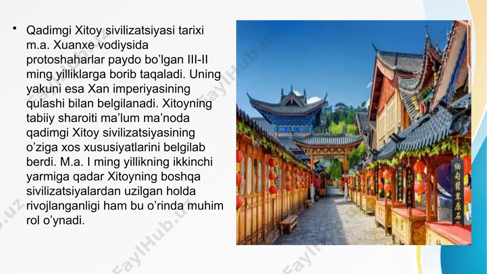lishi bu transformatsiya natijasidir deb tushuntiradi. tabiat kuchlari va ulardan odamlarni qutqargan qahramonlar to’g’risida afsonalar ko’pchilikni tashkil qiladi. toshqin va qurg’oqchilik hodisalari afsonalarda ko’p tilga olinadi. ii-iii asrlarda xitoyga budda dini kirib keldi. afsonalarga ko’ra, birinchi budda sutralari (matn yoki qoida) xitoyga oq otda olib kelingan: bunga xotira sifatida loyan shahri yonida budda «oq ot ibodatxonasi» qurilgan va hozirgacha saqlanib qolgan. xitoyda suratlarni tarjima qilish va budda dinini tarqalishi iv-vi asrlarga tegishlidir. qadimgi xitoy yozuvi qadimgi xitoy ko’hna misr va mesopotamiya singari o’z yozuvi va adabiyotiga ega bo’lgan. qadimgi xitoyliklar hozirgi kunimizdan 3,5-4 ming yil ilgari o’zlarining yozuvlarini yaratganlar. ularning yozuvi ham misrliklarniki singari rasm-belgilardan-iyerogliflardan iborat bo’lgan.bir kichik shoxcha belgisi ,,daraxt’’, ikkitasi ,,o’rmon’’, uchtasi esa ,,chakalakzor’’ ka’bi ma’nolarni bildirgan. qadimgi xitoy yozuvi xitoyda dastlabki yozuv mil.avv.2-mingyillikda kashf etilgan. bu shan-in davlati davriga to’g’ri keladi. o’shanda yozuvlar soni 2000 ga yaqin bo’lgan. xan davrida esa iyeroglifning soni 18000 ga yetgan. qadimgi …