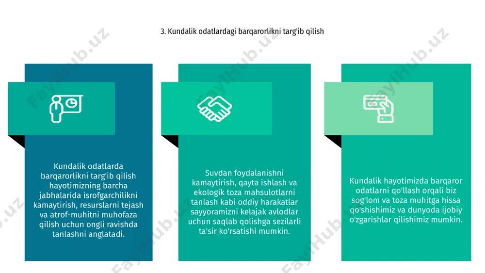 satlar orqali biz iqlim o'zgarishini yumshata olamiz va sayyoramizga ta'sirimizni kamaytirishimiz mumkin. bizni qo'llab-quvvatlovchi tabiiy boyliklarni asrab-avaylash bizning mas'uliyatimizdir. ekologik toza tanlovlar qilish orqali biz farzandlarimiz va nevaralarimiz uchun yaxshiroq dunyoni ta'minlay olamiz. 10. atrof-muhitni qadrlash va himoya qilish uchun harakat qilish atrof-muhitni qadrlash va himoya qilish uchun harakat qilish chiqindilarni kamaytirish, suvni tejash va daraxt ekish kabi oddiy, ammo ta'sirli qadamlarni o'z ichiga oladi. 01 barqaror amaliyotlar bilan shug'ullanish, ekologik toza korxonalarni qo'llab-quvvatlash va atrof-muhit siyosatini targ'ib qilish bizning atrofimizni qadrlash va himoya qilishda juda muhimdir. 03 02 iste'mol qilish odatlarimizni yodda tutish, qayta ishlashni targ'ib qilish va jamiyatni tozalash ishlarida qatnashish orqali biz kelajak avlodlar uchun atrof-muhitimizni asrashga faol hissa qo'shishimiz mumkin. e'tiboringiz uchun rahmat