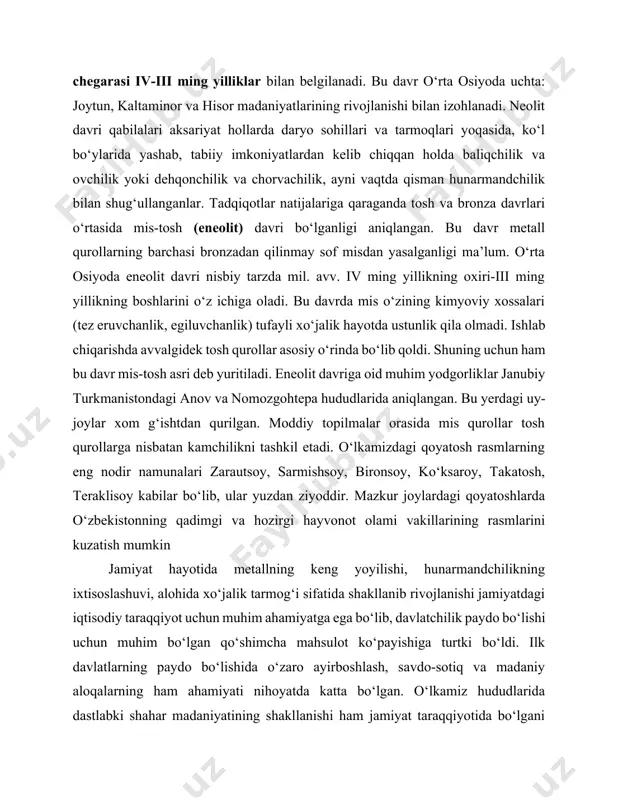 i. neolit davri qabilalari aksariyat hollarda daryo sohillari va tarmoqlari yoqasida, ko‘l bo‘ylarida yashab, tabiiy imkoniyatlardan kelib chiqqan holda baliqchilik va ovchilik yoki dehqonchilik va chorvachilik, ayni vaqtda qisman hunarmandchilik bilan shug‘ullanganlar. tadqiqotlar natijalariga qaraganda tosh va bronza davrlari o‘rtasida mis-tosh (eneolit) davri bo‘lganligi aniqlangan. bu davr metall qurollarning barchasi bronzadan qilinmay sof misdan yasalganligi ma’lum. o‘rta osiyoda eneolit davri nisbiy tarzda mil. avv. iv ming yillikning oxiri-iii ming yillikning boshlarini o‘z ichiga oladi. bu davrda mis o‘zining kimyoviy xossalari (tez eruvchanlik, egiluvchanlik) tufayli xo‘jalik hayotda ustunlik qila olmadi. ishlab chiqarishda avvalgidek tosh qurollar asosiy o‘rinda bo‘lib qoldi. shuning uchun ham bu davr mis-tosh asri deb yuritiladi. eneolit davriga oid muhim yodgorliklar janubiy turkmanistondagi anov va nomozgohtepa hududlarida aniqlangan. bu yerdagi uy-joylar xom g‘ishtdan qurilgan. moddiy topilmalar orasida mis qurollar tosh qurollarga nisbatan kamchilikni tashkil etadi. o‘lkamizdagi qoyatosh rasmlarning eng nodir namunalari zarautsoy, sarmishsoy, bironsoy, ko‘ksaroy, takatosh, teraklisoy kabilar bo‘lib, …
