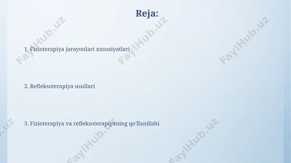 ikda 2-3 xil refleksoterapiya usullarini qo'llash mumkin, masalan, akupunktur va massaj. qo‘llaniladigan texnikalar elektroterapiya jarayonida 3 ta asosiy to’lqin turi – galvanik, farad va sinusodial – qo‘llaniladi, ularning chastotasi va intensivligi bemorning holatiga qarab tanlanadi. mexanoterapiya davolashda 5-10 kg gacha bo‘lgan og‘irlikdagi yuklar bilan 20-30 marta takrorlanadigan maxsus mashqlar qo‘llaniladi, bu mushaklarning kuchini va harakatlanish hajmini oshirishga yordam beradi. davolash natijalarini baholash funksional imkoniyatlarni baholash uchun, masalan, gait analizatori yordamida yurish tezligi va qadam uzunligini o‘lchash orqali, davolanishdan oldin va keyin miqdoriy ma’lumotlar olish mumkin. davolash samaradorligini baholashda, bemorlarning og‘riq darajasi (0-10 ball shkalasi bo‘yicha) va harakat doirasining o‘zgarishi kabi subyektiv va obyektiv ko‘rsatkichlarni tahlil qilish muhimdir. e'tiboringiz uchun rahmat @taqdimot_robot image4.png image5.jpg image6.jpg image7.jpg image8.jpg image9.jpg image10.jpg image11.jpg image3.jpeg