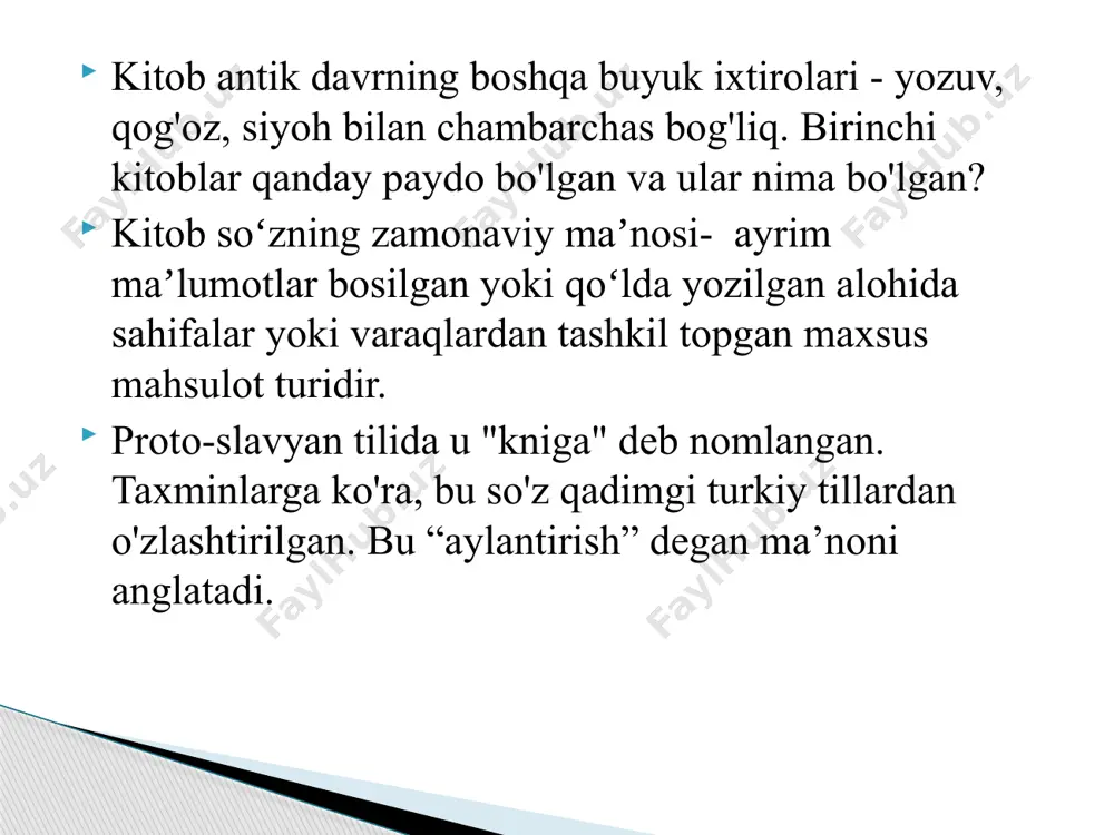 sh, shuningdek, axborot-bibliografiya ishlari bilan shugʻullanadi, ommaning madaniy saviyasini oshirishda faollik koʻrsatadi. kitobxonlarga xizmat koʻrsatish kutubxonaning asosiy faoliyati boʻlib, qolgan barcha faoliyatlar (kitob fondini buklash va uni tashkil etish, fond mazmunini yoritish, uni kitobxonlarga yetkazish kabilar) asosiy faoliyat uchun xizmat kiradi. kitobxonlarga xizmat koʻrsatishning asosiy maqsadi ularni axborot va adabiyotga boʻlgan talablarini imkon boricha toʻliq qondirish va adabiyot tanlashlariga yordam berishdan iborat. har bir kutubxona oʻz turiga koʻra kitobxonlarni tabaqalarga boʻlib, alohida kitobxonlar guruhlariga ajratgan holda xizmat koʻrsatishni tashkil qiladi. adabiyotlar targʻibotining barcha shakl va usullari kitobxonlar talabini imkon qadar toʻliq va tezkorlik bilan qondirishga qaratiladi. yozuvning paydo boʻlishi va hujjatli manbalarni, ayniqsa, qoʻlyozma va keyinchalik bosma kitoblarning koʻpayishi kutubxonalarning yuzaga kelishi va rivojlanishiga sharoit yaratdi. kutubxonalar yozma yodgorliklarni saqlovchi xazina sifatida juda qadimda paydo boʻlgan. miloddan avvalgi 2-ming y.likda sopol bitiklari saqlangan kutubxonalar boʻlgan. miloddan avvalgi 7-asr oʻrtalarida sharqdagi koʻp saroylarda, qad. misr va rim ibodatxonalari qoshida kutubxonalar boʻlgan. …