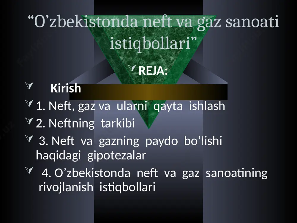 an birga, eksport qilish imkonini ham beradi. o’zbekiston respublikasi rivojlangan va yetarli quvvatga ega gaz quvurlari tarmog’iga ega. ular yordamida tabiiy gazni nafaqat respublika iste’molchilariga, balki eksportga yetkazib berish imkoniyati mavjudligi aytib o’tiladi. hozirning o’zidayoq tabiiy gazimiz qo’shni davlatlar: qirg’iziston, tojikiston, qozog’iston, shuningdek, ukrainaga, neft maxsulotlari va suyultirilgan gaz esa rossiya federatsiyasi, ukraina, tojikiston, qirg’iziston, turkmaniston hamda qator uzoq xorij davlatlariga eksport qilinmoqda. * 1997-yilda muddatidan ilgari ish boshlagan mazkur korxona bugungi kunda loyixa xarajatlarini to’la qoplab bo’ldi. yana bir jihati, o’tgan yillar ichida bu yerda yangi gidrosulfurizatsiyalash uskunalari kompleksi qurilishi bilan ta’mirlash ishlari ham nihoyasiga yetkazildi. neft qora–qo’ng’ir rangli, zichligi 0,73-0,97 g/sm3 bo’lgan, suvda erimaydigan o’ziga xos hidli, tez yonadigan moysimon suyuqlik.tabiatda neft yer ostida mavjud bo’lib, tarkibi jihatidan turli uglevodorodlar ning aralashmasidan iborat: gaz, suyuq va qattiq moddalar erigan qattiq eritma. buxoro neftni qayta ishlash zavodi o’zbekistondagi neft hududlari zahiralari 1993-yil 3-avgustda hukumatning bnqiz ( buxoro neftni qayta …