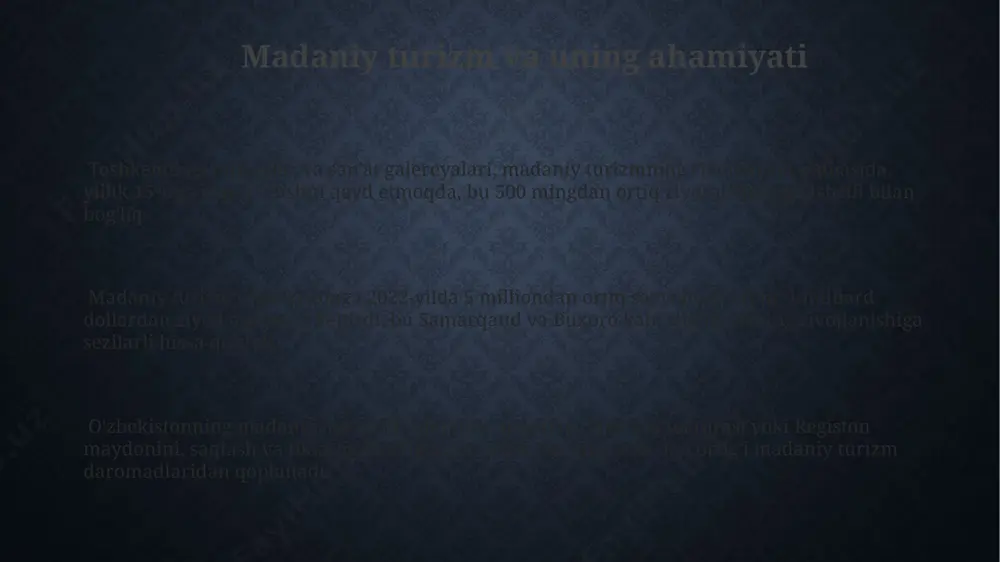 xorazm viloyatida joylashgan "arthouse" galereyasi o'zbek zamonaviy san'atining 21-asr boshlaridan boshlab rivojlanishini aks ettiruvchi 150 dan ortiq asarni saqlaydi va namoyish etadi. toshkentdagi 2023-yilgi zamonaviy san'at ko'rgazmasida 50 dan ortiq yosh rassomlarning 100 dan ziyod asari namoyish etildi, ularning aksariyati raqamli texnologiyalarni qo'llagan. samarqanddagi “ijod” markazi 20 yildan ortiq vaqtdan beri 300 dan ziyod yosh iste'dodlarga zamonaviy rasm, haykaltaroshlik va grafika bo'yicha treninglar o'tkazib kelmoqda. mintaqaviy madaniy xususiyatlar фарғона водийсидаги анъанавий "лағмон" тайёрлаш маросими, оилавий байрамларда 3-5 та алоҳида таом тайёрланиши ва ўзгача нон тури билан ажралиб туради. хоразм вилоятидаги 11-18-асрларга оид археологик казувлар минтақадаги бой керамика анъаналари ва бетакрор нақшларни, хусусан, 50 дан ортиқ турдаги кўзаларни намойиш этади. бухоро шаҳридаги тарихий меъморий ёдгорликлар, хусусан, 150 га яқин масжид ва мадрасаларнинг безакларидаги 8 тадан ортиқ геометрик ва ўсимлик нақшларининг ўзига хослигини таъкидлаш мумкин. o'zbek me'morchiligi va arxitekturasi xorazm viloyatining xiva shahridagi itchan-qal’a, 250 dan ortiq tarixiy binolarni, jumladan, juma masjidi, …
