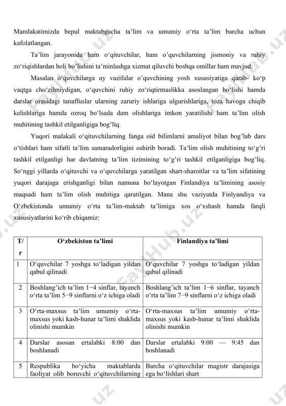 i boʼlishini taʼminlashga xizmat qiluvchi boshqa omillar ham mavjud: masalan o‘quvchilarga uy vazifalar oʼquvchining yosh xususiyatiga qarab- ko‘p vaqtga cho‘zilmiydigan, o‘quvchini ruhiy zo‘riqtirmaslikka asoslangan bo‘lishi hamda darslar orasidagi tanaffuslar ularning zaruriy ishlariga ulgurishlariga, toza havoga chiqib kelishlariga hamda ozroq bo‘lsada dam olishlariga imkon yaratilishi ham taʼlim olish muhitining tashkil etilganligiga bogʼliq. yuqori malakali o‘qituvchilarning fanga oid bilimlarni amaliyot bilan bogʼlab dars o‘tishlari ham sifatli taʼlim samaradorligini oshirib boradi. taʼlim olish muhitining to‘gʼri tashkil etilganligi har davlatning taʼlim tizimining to‘gʼri tashkil etilganligiga bogʼliq. so‘nggi yillarda o‘qituvchi va o‘quvchilarga yaratilgan shart-sharoitlar va taʼlim sifatining yuqori darajaga erishganligi bilan namuna bo‘layotgan finlandiya taʼlimining asosiy maqsadi ham taʼlim olish muhitiga qaratilgan. mana shu vaziyatda finlyandiya va o‘zbekistonda umumiy o‘rta taʼlim-maktab taʼlimiga xos o‘xshash hamda farqli xususiyatlarini ko‘rib chiqamiz: t/r o‘zbekiston ta’limi finlandiya ta’limi 1 o‘quvchilar 7 yoshga to‘ladigan yildan qabul qilinadi o‘quvchilar 7 yoshga to‘ladigan yildan qabul qilinadi 2 boshlangʼich taʼlim 1−4 sinflar, tayanch …