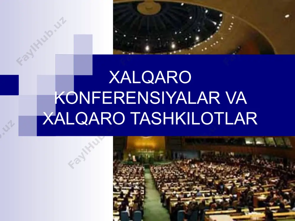 aqsadiga ko‘ra hukumatlararo konferensiyalar siyosiy, iqtisodiy, diplomatik, umumiy va tinchlik konferensiyalari bo‘lishi mumkin. xalqaro konferensiyalar shartnomalarni va xalqaro tashkilotlar ustavlarini tayyorlash va qabul qilish, ma’lum xalqaro muammolarni muxokama etish uchun chakiriladi. hozirgi zamon xalqaro aloqalarida xalqaro tashkilotlar davlatlar hamkorligining shakllaridan biri sifatida muhim rol o‘ynaydi. xalqaro tashkilotlar tizimining murakkablashib borishi va vakolatlarining kengaytirilishi tabiiy tus olmokda. xxi asr boshida faoliyat ko‘rsatayotgan xalqaro tashkilotlarning soni 4 mingdan ortik. bo‘lib, 300 tasi hukumatlararo tashkilotlardir. ular o‘rtasidagi aloqalar va olib borilayotgan hamkorlik ko‘lami xalqaro tashkilotlar tizimi haqida gapirishga imkon beradi. «xalqaro tashkilotlar» atamasi odatda davlatlararo (hukumatlararo) va nohukumat tashkilotlarga nisbatan qo‘llaniladi. davlatlararo (hukumatlararo) tashkilot uchun quyidagi belgilar xarakterlidir: birinchidan, davlatlarning a’zoligi; ikkinchsdan, xalqaro ta’sis shartnomasining mavjudligi; uchinchidan, doimiy organlarining mavjud bo‘lishi; to‘rtinchidan, davlatlar suverenitetining xurmat qilinishi; xalqaro tashkilotlar xalqaro huquqning subektlari hisoblanadilar. nohukumat xalqaro tashkilotlarning asosiy farqli belgilari ularning davlatlararo shartnoma asosida tashkil etilmaganliklari, jismoniy va yuridik shaxslarni birlashtirganliklari (masalan, xalqaro huquq assotsiatsiyasi)dan …