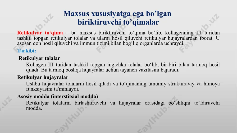 ifalarni bajaradi. tarkibi: pigment hujayralar (melanotsitlar): ushbu hujayralarda melanin deb ataluvchi pigment moddasi mavjud. melanin organizmga qoramtir yoki jigarrang tus beradi. hujayralar sitoplazmasida melanin granulalari shaklida yig‘ilgan bo‘ladi. asosiy modda va biriktiruvchi tolalar: pigment hujayralarni qo‘llab-quvvatlaydi va ularni joylashtiradi. pigment to‘qima joylashuvi: teri: teri epidermisining bazal qatlamida melanotsitlar mavjud. ular quyosh nurlaridan himoya qilish uchun pigment ishlab chiqaradi. ko‘z: ko‘zning rangli pardasi (iris) va to‘r pardasi (retina)da pigment hujayralar mavjud. bu ko‘zni ortiqcha yorug‘likdan himoya qiladi. soch va tuklar: soch va tuklarning rangi pigment hujayralar tomonidan ishlab chiqarilgan melaninga bog‘liq. ichki organlar: jigar, taloq va buyrak usti bezlarida ayrim pigment to‘qimalar uchrashi mumkin. pigment to‘qima vazifalari: quyosh nurlaridan himoya: melanin ultrabinafsha (uv) nurlarni so‘rib olib, hujayralarni zararli ta’sirdan himoya qiladi. ko‘zni himoya qilish: ko‘zning pigment qavati yorug‘likni so‘rib olib, ko‘zning ichki qismlarini ortiqcha yorug‘likdan saqlaydi. rang berish: pigment to‘qima soch, teri va ko‘z rangini belgilaydi. himoya va toksik moddalarni yig‘ish: …