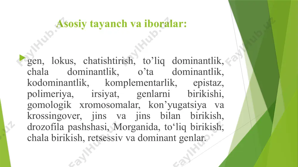 adan kashf qilishlari bilan boshlanadi. irsiyat qonunyatlarini birinchi bo’lib chex olimi g.mendel (1865) kashf etgan edi. lekin mendel qonuniyatlarining qaytadan kashf qilingan. 1900 yil genetikaning yuzaga kelgan yili hisoblanadi. bu davrning dastlabki yillarida genetikaning rivojlanishida ko’p qiyinchiliklar bo’ldi. shunga qaramasdan irsiyat qonuniyatlarini o’rganish bo’yicha yig’ilgan ma’lumotlar asosida gen nazarariyasi yaratilgan. o’sha davrning yirik olimlaridan v.betson, g.mendel qonunlari faqat o’simliklargagina xos bo’lmasdan, mikroorganizmlarga, hayvonlarga va odamga ham oid ekanligini ko’rsatdi. 1903 yili v.iogannsen irsiyati bir xil bo’lgan, ya’ni genetik jihatdan toza organizmlarda irsiy belgilarning nasldan – naslga o’tish qonuniyatlarini, 1909 - 1911 yillari amerikalik olim t.x.morgan nazariyasiga ko’ra irsiy belgilarni yuzaga chiqaruvchi genlar xromosomalarda joylashgan bo’lib, shu xromosomalar orqali nasldan – naslga o’tadi. genetikaning rivojlanish davrlari. klassik davrning boshlarida tashqi muhit omillarining irsiyatga ta’siri kam o’rganilganligi tufayli genlar o’zgarmas degan tushuncha hukm surar edi. lekin shu davrning oxirlariga kelib genlarining o’zgarishi ya’ni gen mutatsiyalari ma’lum bo’ldi. birinchi bo’lib rus olimlari g.a.nadson …
