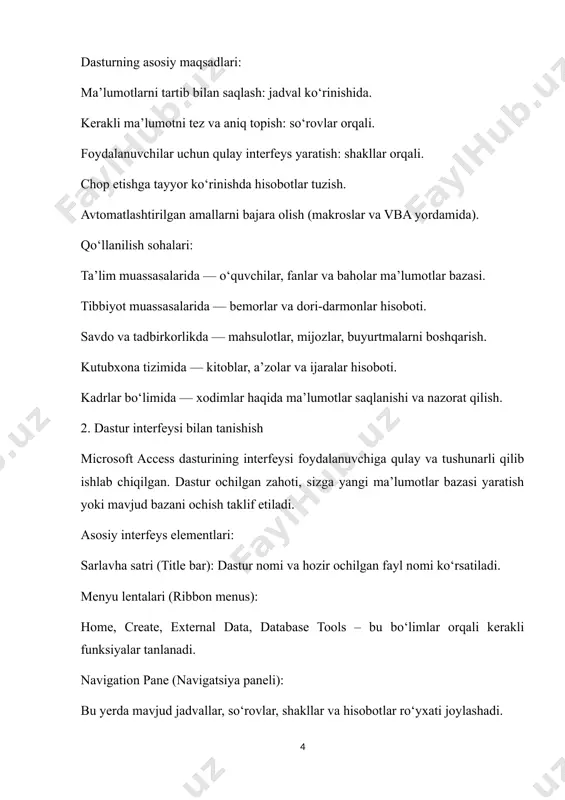 s dasturining asosiy obyektlari microsoft access dasturida ma’lumotlar bazasi quyidagi asosiy obyektlar orqali tashkil etiladi. har bir obyekt ma’lumotlar bilan ishlashning muayyan bosqichida muhim vazifani bajaradi. 1. jadvallar (tables) jadvallar — bu ma’lumotlar bazasining asosiy tuzilmasi bo‘lib, barcha ma’lumotlar aynan jadvallarda saqlanadi. har bir jadval ustunlar (maydonlar) va qatorlar (yozuvlar) dan iborat bo‘ladi. masalan: talabalar jadvali: id, ismi, familiyasi, tug‘ilgan sanasi. jadval imkoniyatlari: har bir ustun turli turdagi ma’lumot saqlaydi (matn, son, sana). asosiy kalit (primary key) yordamida har bir yozuv noyob aniqlanadi. jadvaldagi ma’lumotlar boshqa obyektlar (so‘rov, forma, hisobot) asosini tashkil qiladi. 2. so‘rovlar (queries) so‘rov — bu jadvallarda saqlanayotgan ma’lumotlarni tanlash, saralash, filtrlash yoki hisoblash uchun foydalaniladigan vositadir. masalan: “bahosi 5 bo‘lgan talabalar” ro‘yxatini chiqaruvchi so‘rov. so‘rov turlari: tanlash (select query) yangilash (update query) o‘chirish (delete query) qo‘shish (append query) hisoblash (aggregate query) so‘rovlar yordamida bir yoki bir nechta jadvaldan kerakli shartlarga javob beruvchi ma’lumotlarni tanlab olish mumkin. …