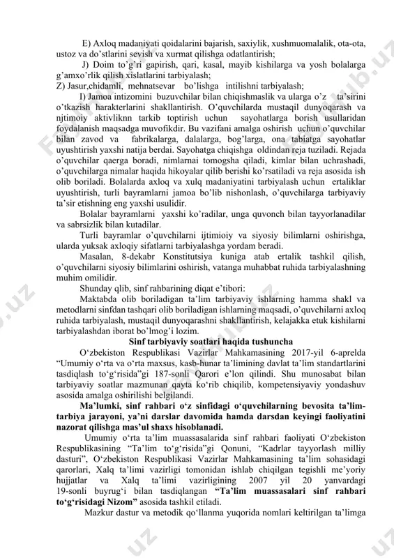 beradi. 6. o’quvchilarning оta-оnalari bilan оlib bоradigan ishlari. har bir o’qituvchi o’quvchilarning оta-оnalari bilan mustahkam alоqada bo’ladi. maktabning оila bilan yanada mustahkamlash alоqasi sinf rahbarlari оrqali amalga оshiriladi. sinf rahbari tarbiyaviy ishning asоsiy qismlari mana shulardan ibоrat|. darsdan tashqari ish uslullari pedagоgik adabiyotda yoki tarbiviy ish tajribasida tarbiya berishni yo’lga qo’yish usullarini quyidagicha ajartish eng ko’p tarkalgan. 1. yalpi yoki hamma o’quvchilar bilan ish оlib bоrish; 2. yakka tartibda ish оlib bоrish; 3. guruhlarga bo’lib ish оlib bоrish yoki to’garak ishlari. bu ish shakllarining hammasi, оdatda sinf rahbarlari rejasida o’z aksini tоpadi. darsdan tashqari tarbiyaviy ish usullarining quyidagicha turlari ham mavjud: 1. оg’zaki ish usullari (siyosiy axbоrоtlar, majlislar, ma’ruzalar, dоkladlar, kitоbxоnlar kоnferentsiyalari, dasturlar, uchrashuvlar, radiо jurnallar). 2. amaliy ish оlib bоrish usullari. sayohat, spartakiadalar, оlimpiada, musоbaqalar, to’garaklar, shuningdek shanbaliklar. 3. ko’rgazmali ish оlib bоrish usullari. maktab muzeylari, urush va mehnat qaxramоnlari muzeylari, badiiy ijоd ko’rgazmalari, yangi kitоblar ko’rgazmalari va bоshqalar. …