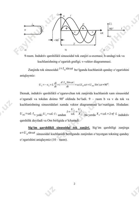 i tok va kuchlanishning o‘zgarish grafigi; v-vektor diagrammasi. berilgan zanjirda ma’lumki tok kuchi sig‘im formulasidan: undan bu ifodadan ko‘rinib turibdiki, sig‘im qarshilikli zanjirda kuchlanish vektori tok vektoridan 900 keyinda bo‘lar ekan. tok va kuchlanish sinusoidallari xamda vektor diagrammasi 10 – rasm b va v da ko‘rsatilgan. bu yerda - sig‘im qarshilik deyiladi va om birligida o‘lchanadi. sig‘im qarshiligi zanjirda quvvatning oniy qiymati: 1 oleobject1.bin image5.wmf oleobject2.bin image6.wmf oleobject3.bin image7.wmf oleobject4.bin image8.wmf oleobject5.bin image9.jpeg image10.wmf oleobject6.bin image11.wmf oleobject7.bin image12.wmf oleobject8.bin image13.wmf oleobject9.bin image14.wmf oleobject10.bin image15.wmf oleobject11.bin image16.wmf oleobject12.bin image17.jpeg image18.wmf oleobject13.bin image19.wmf oleobject14.bin image20.wmf oleobject15.bin image21.wmf oleobject16.bin image22.wmf oleobject17.bin image23.wmf oleobject18.bin image24.wmf oleobject19.bin image25.wmf oleobject20.bin image1.jpeg image2.jpeg image3.jpeg image4.wmf t i t sin r u r u i m m w w sin = = = r u i m m = r u i m = 0 = + l l e u t i i m w sin = …