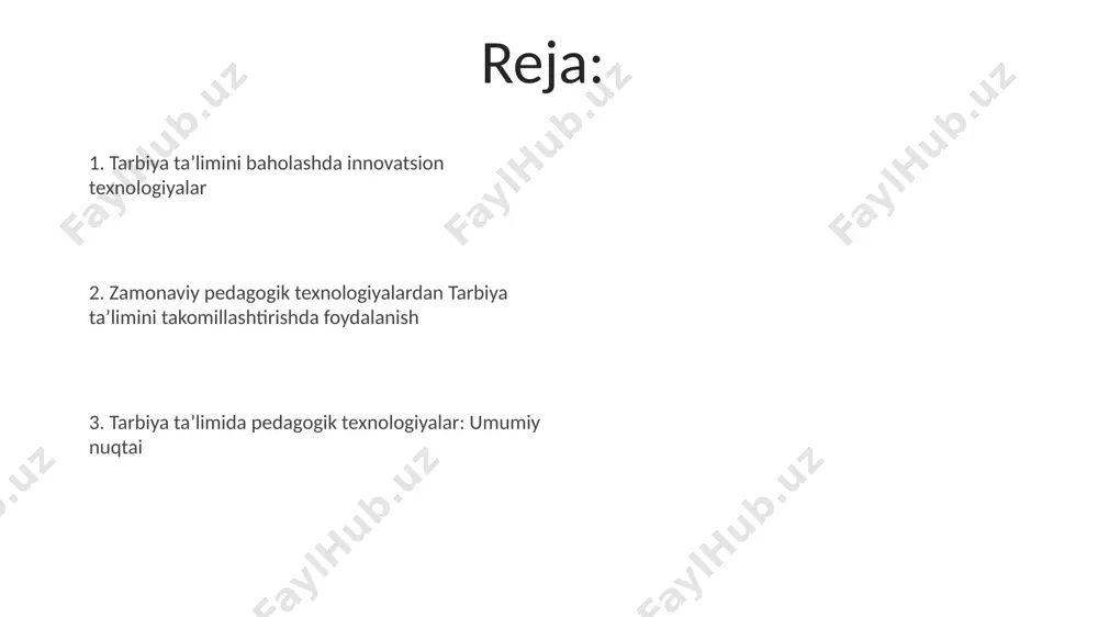 anqidiy fikrlash, muammo yechish va hamkorlik qilishni rivojlantirishga alohida e'tibor qaratish muhimdir. tarbiya ta'limining sifatini nazorat qilish tarbiya ta'limining sifatini yaxshilash uchun 2 oyda bir marta o‘qituvchilarning malakasini oshirish va o‘quv dasturini kamida 10% yangilash kerak. tarbiya ta'limining sifatini baholashda kamida 3 ta metodik vosita (masalan, kuzatish, suhbat, test) qo‘llanilishi va natijalar 5 ball shkalasi bo‘yicha tahlil qilinishi samaradorlikni oshiradi. axborot kommunikatsiya texnologiyalari (akt) tarbiya jarayonida onlayn platformalar orqali 1000 dan ziyod talabaga bir vaqtning o'zida tarbiya darslarini o'tish imkoniyati mavjud bo'lib, bu geografik cheklovlarni bartaraf etadi. akt yordamida 50 dan ortiq interaktiv ta'lim dasturlari orqali talabalarning faol ishtiroki va bilim olish samaradorligini 20% ga oshirish mumkin. pedagogik texnologiyalar: tushuncha va turlari interfaol o'qitish, simulyatsiya, gamifikasiya kabi 5 dan ortiq turdagi pedagogik texnologiyalar tarbiya ta'limi samaradorligini oshirishga xizmat qiladi. pedagogik texnologiyalar ta'lim jarayonini 3 bosqichga (rejalashtirish, amalga oshirish, baholash) bo'lib, o'quvchilarning faol ishtirokini ta'minlaydigan tizimli yondashuvdir. interfaol o'quv uslublari interfaol …
