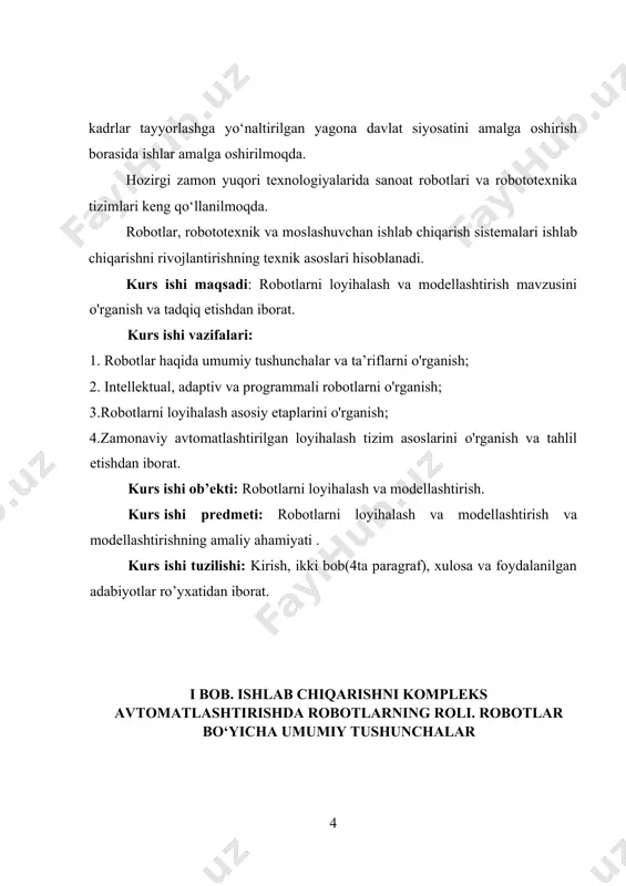 ar. sanoat roboti (sr) - ishlab chiqarish jarayonida harakat va boshqaruv funksiyalarini bajarish uchun mo‘ljallangan bir nechta xarakatlanish darajasiga ega bo‘lgan manipulyator ko‘rinishidagi ijro qurilmasidan hamda qayta dasturlanuvchi dasturiy boshqaruv qurilmasidan tashkil topgan statsionar (qo‘zg‘almas) yoki ko‘chma avtomatik mashina. texnik adabiyotda bundan ham qisqaroq ta’rif uchraydi: canoat roboti (sr) - sanoatda ishlatishga mo‘ljallangan qayta dasturlanuvchi avtomatik manipulyator. robototexnik tizim deb, shunday texnikaviy tizimga aytiladiki, unda energiya, massa va axborotlar bilan bog‘liq o‘zgartirishlar va aloqalar sanoat robotlaridan foydalanilgan holda aks etadi. sanoat robotlari tomonidan o‘rnini bosa oladigan funksiyalari va ular bajara oladigan operatsiyalarga ko‘ra robotlashtirilgan texnologik majmua va robotlashtirilgan ishlab chiqarish majmualari farqlanadi. bitta sanoat roboti o‘zaro harakatda bo‘ladigan bir yoki bir nechta texnologik jihozlardan hamda majmua ichidagi ishning to‘la avtomatik siklini va boshqa ishlab chiqarishlarning kirish va chiqish oqimlari bilan aloqalarni ta’minlovchi yordamchi jihozlar yig‘indisidan iborat ishlab chiqarish vositalarining avtonom harakat qiluvchi to‘plamiga robotlashtirilgan texnologik majmua deyiladi. yig‘ish, payvandlash, bo‘yash …