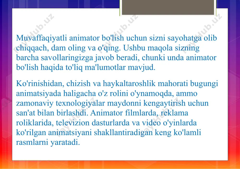 a o'rgatadi. bundan tashqari, animatsiya sohasida ko'plab ixtisosliklar mavjud, jumladan o'yin, vizual yoki maxsus effektlar, veb-saytlar uchun animatsiya va film, video yoki onlayn uchun animatsiya. jamg'arma kurslari rasm, rasm, multimediya, 2-d va 3-d animatsiya va grafika kabi asosiy animatsiya talablariga murojaat qiladi. aqsh mehnat statistikasi byurosiga ko'ra, multimediya rassomi va animator lavozimlari odatda bakalavr darajasini talab qiladi. albatta, qaysi animatsion dasturni tanlashingiz shaxsiy martaba maqsadlaringizga, avvalgi ma'lumotlarga va mavjud ko'nikmalaringizga bog'liq bo'lishi kerak. sizning tanlovlaringiz assotsiatsiya va bakalavr darajalariga oid dasturlarni, shuningdek sertifikat va diplom dasturlari kabi nodavlat dasturlarni o'z ichiga oladi. magistrlik dasturlari, odatda, boshlang'ich kurslardan yuqori kurslarga o'tishda kengroq ma'lumotberadi. shu bilan birga, ilmiy daraja bermaydigan dasturlar ma'lum mutaxassisliklar bo'yicha torayib boradi va mavjud ko'nikmalarni yoki muayyan sohalarni oldindan bilishni talab qilishi mumkin.qanday bo'lmasin, to'g'ri dasturni tanlashga ishonch hosil qiling. talabalar tanlagan mutaxassisligi uchun zarur bo'lgan ko'nikmalarni o'z ichiga olgan animator daraja dasturini tanlashlari kerak.masalan, o'yin uchun talab …