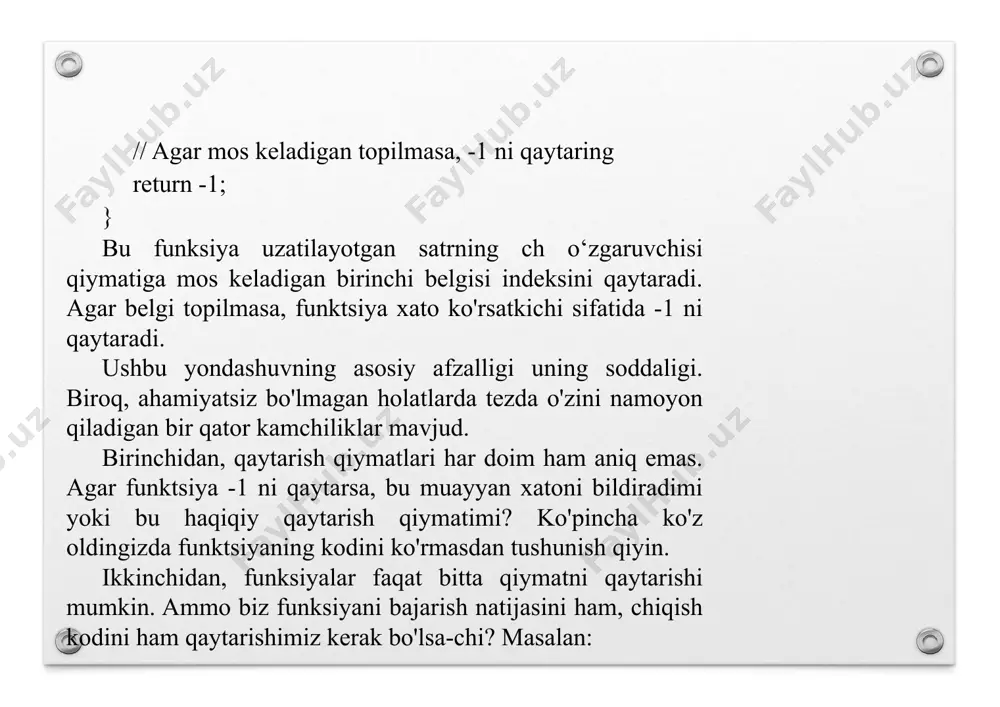 i boshqacha ko'rib chiqishimizga xalaqit beradi. ushbu muammoni hal qilishning bir usuli istisno sinflaridan foydalanishdir. istisno sinf istisno sifatida chiqarilgan oddiy sinfdir. keling, arrayint bilan foydalanish uchun oddiy istisno sinfini yarataylik: #include using namespace std; class arrayexception { private: string m_error; public: arrayexception(string error) { m_error = error; } const char* geterror() { return m_error.c_str(); } }; mana to’liq dastur: #include #include using namespace std; class arrayexception { private: string m_error; public: arrayexception(string error) : m_error(error) { m_error = error; } const char* geterror() { return m_error.c_str(); } }; class arrayint { private: int m_data[4]; // misolning soddaligi uchun massiv uzunligi sifatida 4 qiymatini belgilaymiz public: arrayint() {} int getlength() { return 4; } int& operator[](const int index) { if (index = getlength()) throw arrayexceptionf'noto'g'ri indeks"); return m_data[index]; } }; int main() { arrayint array; try int value = array[7j; } catch (arrayexception &exception) { cerr #include using namespace std; …