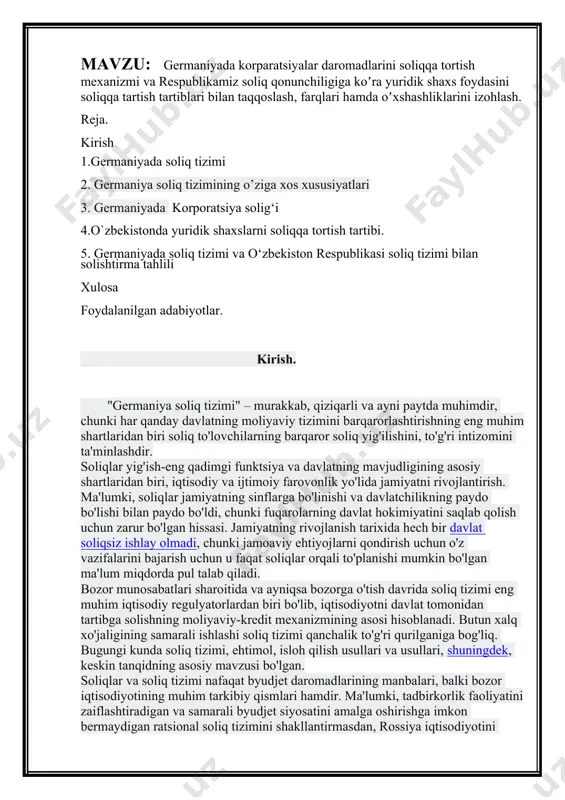 lishning moliyaviy-kredit mexanizmining asosi hisoblanadi. butun xalq xo'jaligining samarali ishlashi soliq tizimi qanchalik to'g'ri qurilganiga bog'liq. bugungi kunda soliq tizimi, ehtimol, isloh qilish usullari va usullari, shuningdek, keskin tanqidning asosiy mavzusi bo'lgan. soliqlar va soliq tizimi nafaqat byudjet daromadlarining manbalari, balki bozor iqtisodiyotining muhim tarkibiy qismlari hamdir. ma'lumki, tadbirkorlik faoliyatini zaiflashtiradigan va samarali byudjet siyosatini amalga oshirishga imkon bermaydigan ratsional soliq tizimini shakllantirmasdan, rossiya iqtisodiyotini to'la-to'kis o'zgartirishi mumkin emas1. so'nggi bir necha yil ichida rossiya federatsiyasi iqtisodiy inqirozni boshdan kechirmoqda, shuning uchun qulay soliq muhiti hozirda hech qachon talab qilinmaydi. bugungi kunda deyarli barchada soliq siyosati va mamlakat soliq organlari tizimini samarali isloh qilish iqtisodiyotni bozor munosabatlariga tarjima qilishda muhim muvaffaqiyat omilidir. soliqlar muammosi mamlakatimizda iqtisodiy islohotlarni amalga oshirishda eng qiyin masala hisoblanadi. ehtimol, bugungi kunda islohotlarning boshqa jihatlari ham xuddi shunday jiddiy tanqidga uchragan va shunga o'xshash qizg'in bahs-munozaralar va tahlil qilish ob'ekti va islohotga oid tortishuvli g'oyalar bo'lar …