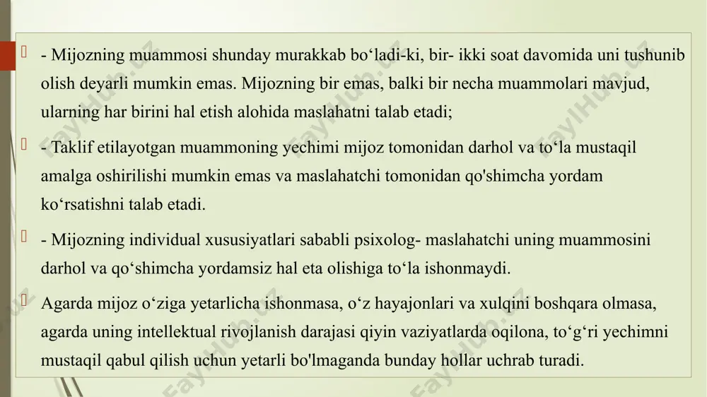 lar o‘rtasida vaqtni to‘g‘ri taqsimlash shunday masalalar hisoblanishi mumkin. 3. mijozga aslida uzoq vaqt davomida ozmi-ko‘pmi doimiy psixoterapevtik ta’sir ko‘rsatish kerak bo‘lgan, lekin u yoki bu sabablar oqibatida ushbu vaziyatda bunday imkoniyati bo‘lmagan holatida vaqtinchalik yordam ko‘rsatish bunday holatda psixologik maslahatdan mijoz duch kelgan muammoning yanada og‘irlashishiga yo‘l qo‘ymaydigan, salbiy jarayonlarning tez rivojlanishini oldini oluvchi mijozga vaqtinchalik operativ yordam ko‘rsatish vositasi sifatida foydalanish mumkin. (depressiya holati) 4. mijoz o‘z muammosini to‘g‘ri tushunib, umuman uni o‘zi hal etishga tayyor bo‘lgan, lekin biror narsadan shubhalangan, o‘zining to‘g‘ri yo‘l tutayotganiga to‘la ishonchi bo‘lmagan hollarda, psixolog-maslahatchi muloqot natijasida ular tomonidan professional va ruhiy qo‘llab-quvvatlanadi, bu esa unda o‘ziga ishonchini kuchaytiradi. 5. maslahat olishdan boshqa hech qanday imkoniyati bo‘lmaganda mijozga yordam ko‘rsatish. bunday holatda psixolog- mutaxassis mijozga psixologik maslahat berar ekan, aslida u ancha to`la va uzoq vaqtli psixokorreksion psixoterapevtik yordamga muhtojligini tushuntirishga harakat qiladi. 6. psixologik maslahat mijozga psixologik yordam ko`rsatish boshqa turlari o‘rniga …