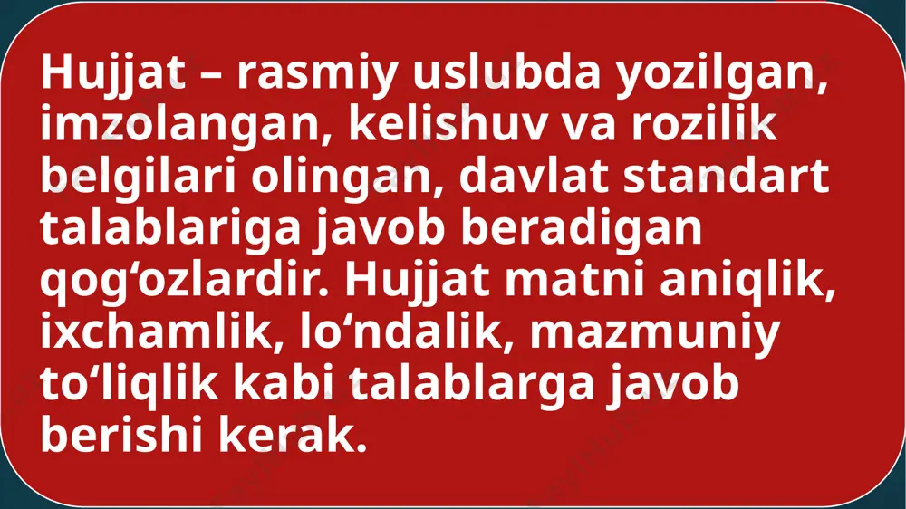 bo’linadi ichki tashqi bildirishnomaning zaruriy qismlari 1. bildirishnoma yo‘llangan rahbarning lavozimi, ismi va ota ismining bosh harflari hamda jo‘nalish kelishigidagi familiyasi. 2. bildirishnoma tayyorlagan shaxsning lavozimi, ismi va ota ismining bosh harflari hamda chiqish kelishigidagi familiyasi. 3. matn sarlavhasi. 4. hujjat turining nomi (bildirishnoma). 5. bildirishnomaning matni. tarjimayi hol tarjimayi hol ma’lum bir shaxs tomonidan o‘z shaxsiy hayoti va faoliyati haqida bayon qilingan yozuvdir. tarjimayi hol bir xil andozaga ega emas, mufassal yoki muxtasar yozilishi mumkin. u muallif tomonidan mustaqil tuziladigan hujjatdir. garchi u erkin (ixtiyoriy) tuzilsa-da, biroq tarjimayi holda ayrim qismlarning bo‘lishi shart. } i shaxs birlikda yoziladi. } o‘tgan va hozirgi zamon fe’llari ishlatiladi tavsifnoma ma’lum bir shaxsning mehnat va ijtimoiy faoliyati, shuningdek uning o‘ziga xos xislati va fazilatlarini aks ettiruvchi rasmiy hujjatdir. tavsifnoma muassasa ma’muriyati yoki jamoat tashkilotlari tomonidan xodimga bir qancha maqsadlar (o‘quv yurtiga kirishda, xorijiy mamlakatlarga ishlash va boshqa yumushlar bilan ketishda, lavozimga tayinlashda va …