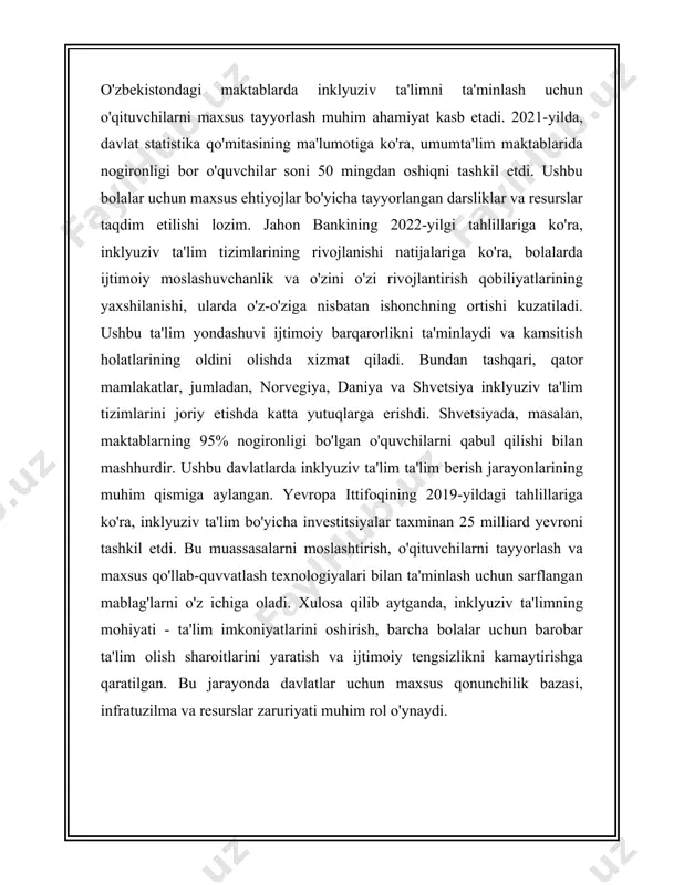 davlatlarda maxsus ta'lim ehtiyojlariga muhtoj bo'lgan o'quvchilar soni o'zgacha. masalan, aqshda 2020-yilda davlat maktablaridagi o'quvchilarning taxminan 14 foizi maxsus ta'lim xizmatlaridan foydalandilar. qilayotgan mamlakatlar va tijorat tadqiqot markazlarining tadqiqotlari ko'pincha maxsus ta'lim xizmatlarini rivojlantirish yo'llarini o'rganadi. maxsus ta'lim ehtiyojlarini qamrab olish uchun ta'lim siyosati yondashuvlari va strategiyalari ham rivojlanmoqda. har bir bolaga me'yorida ta'lim imkoniyatlarini taqdim etish - bu sohadagi asosiy maqsadlardan biri. endi o'quvchoralarigacha, jamiyatda maxsus ta'lim ehtiyojlaridan xabardorlikni oshirish va ularga qo'shimcha resurslar ajratishni kuchaytirish borasida katta izlanishlar olib borilmoqda. shu bilan birga, texnologiyalarning rivojlanishi ham maxsus ta'lim ehtiyojlari bo'lgan bolalar uchun yangi imkoniyatlarni ochmoqda. elektron o'quv resurslari, maxsus dasturlar va boshqa turdagi axborot-texnologiyaviy vositalar yordamida o'qitish metodikasi sezilarli darajada boy idi. masalan, ko'rish qobiliyati cheklangan bolalar uchun audiokitoblar yoki displey ekranlaridan foydalanish imkoniyati mavjud. eshtiyish qobiliyati cheklangan o'quvchilar esa subtitrlar va maxsus dasturlar orqali axborotni o'zlashtira oladilar. 3. inklyuziv ta'limning ahamiyati inklyuziv ta'lim bugungi kunda jahon miqyosida …