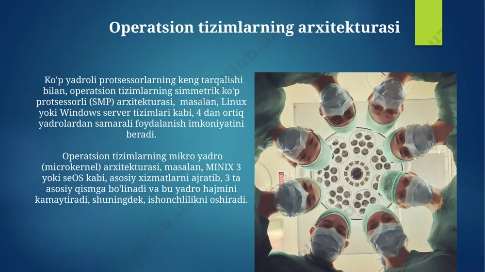 ish imkoniyati mavjud, bu esa katta tarmoq infrastrukturasini, masalan, yirik shaharlardagi serverlarni samarali boshqarishga yordam beradi. operatsion tizimlarning kelajagi 2030 yilga kelib, sun'iy intellekt (ai) yordamida o'z-o'zini optimallashtiradigan operatsion tizimlarning ulushi global bozorda 30% ga yetishi taxmin qilinmoqda, bu esa energiya sarfini sezilarli darajada kamaytiradi. aqsh va xitoy kabi yirik davlatlar kriptografik himoya darajasi yuqori bo'lgan, qurilmalararo 10 gbit/s tezlikda ma'lumot almashish imkoniyatiga ega bo'lgan yangi avlod operatsion tizimlarini ishlab chiqishga katta mablag'lar sarmoya kiritmoqdalar. drayverlar windows operatsion tizimi uchun 10 mingdan ortiq turli xil drayverlar mavjud bo'lib, ularning ko'pchiligi aqshning microsoft kompaniyasi tomonidan ishlab chiqilgan va dunyo bo'ylab millionlab foydalanuvchilar tomonidan qo'llaniladi. drayverlarning noto'g'ri ishlashi yoki eski versiyalari tizimning sekinlashishiga, 30% gacha unumdorlikning pasayishiga va hatto ko'k ekran xatoliklarining paydo bo'lishiga olib kelishi mumkin, shuning uchun ularni muntazam yangilab turish muhimdir. operatsion tizimlarning turlari embedded tizimlar, masalan, smart soatlar yoki mikroto'lqinli pechlarda, juda kam resurslar bilan ishlaydigan va 2-4 …