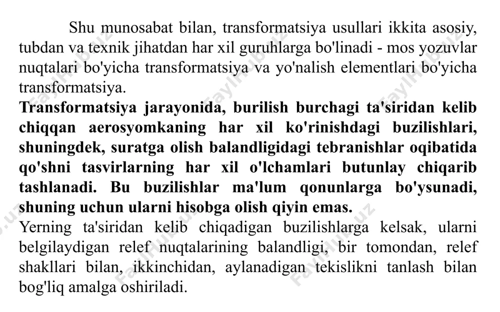 gi e) tekisligining nisbiy o'rnini o'zgartirib, bir qancha proyektsion nurlar qurish. birinchi usul birinchi turdagi fototransformatorlarda amalga oshiriladi, ular proyektsion nurlar to'plamining o'xshashligi printsipida ishlaydi, ikkinchisi - ikkinchi turdagi fototransformatorlarda, bu yеrda proyeksiyalovchi nurlarning transformatsiyalangan to'plamlari printsipi qo'llaniladi. rasmlarni to'g'ri fototransformatsiya qilish uchun ekranda hosil qilingan tasvirning aniqligi va geometrik to'g'riligini ta'minlash uchun bir qancha shartlar bajarilishi shart. fototransformatsiyaning optik shartlari fototransformator ekranida aniq tasvirni ta'minlaydi. fototransformatsiyaning geometrik shartlari 1: m shkalasida fototransformator ekranida geometrik to'g'ri tasvirni beradi. fototransformatorlar fotogrammetrik ishlarni bajarishda mahalliy va xorijiy ishlab chiqarishning bir qancha zamonaviy qurilmalari ishlatiladi, ulardan ba'zilari quyida muhokama qilinadi. avtomatlashtirilgan fototransformatorlar fta va "peleng" transformatsiya elementlarining birinchi tizimini amalga oshiradi va mos yozuvlar nuqtalari yoki sozlash ma'lumotlariga ko'ra, proektsion nurlar to'plamlari bilan rejalashtirilgan va istiqbolli tasvirlarni o'zgartirish uchun mo'ljallangan. raqamli balandlik modeli yer haqida qo'shimcha ma'lumot sifatida ishlatilishi mumkin, bu esa har qanday yerning tasvirini qayta ishlashga imkon beradi. ikkala qurilma ham …