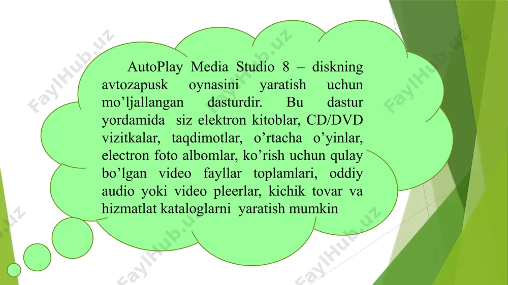 istagan yangi loyihani tashkil qilishimiz mumkin. quyida “audio” deb nomlangan loyiha tanlangan “audio” loyihasining tanlanishi 8 mavjud loyihani tanlashning ijobiy tomonlaridan biri shundaki, unda web-sahifa uchun ba’zi ssenariylar tayyor yozilgan holatda bo’ladi. ba’zi obyektlar uchun bajariladigan funksiyalar esa tayyor holatda berilgan bo’ladi. bunday imkoniyat qisqa vaqtda murakkab tuzilmali katta loyihani yaratishda amaliy yordam berad. 9 autoplay dastur oynasi quyidagi tuzilmaga ega. 10 dastur oynasining menyu satri. project explorer muloqot oynasi. properties muloqot oynasi. instrumentlar paneli satri. dastur oynasining sarlavha satri. kampanentalar to’plami asosiy ishchi maydon loyha xajmi paneli file. bu menyu orqali yangi loyiha oynasini ochish, mavjud loyiha oynasini ochish, loyihani xotiraga saqlash, loyihani export qilish, hujjat xossasini o’zgartirish va dasturdan chiqish kabi ishlarni bajarish mumkin. 11 tools. ba’zida autoplay dasturining galeriyasidagi mavjud buyruq tugmalari dizayn jihatidan yetarli bo„lmay qolishi mukin. shunday paytlarda ushbu menyuning “button maker” bandiga murojaat qilib yangi dizayndagi buyruq tug-malarini yaratish mumkin. bundan tashqari loyiha uchun …