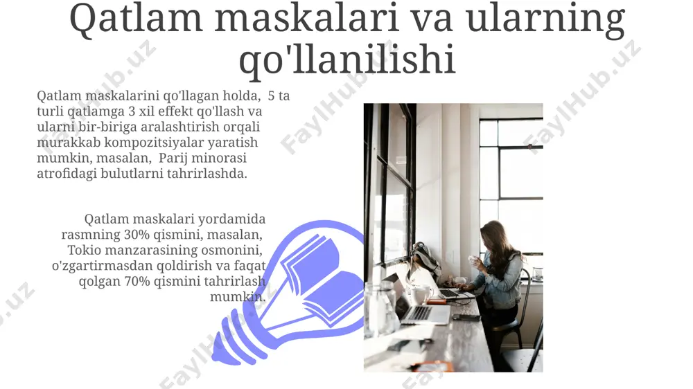 rish natijasida yangi effektlar yaratish mumkin. bu texnika london dizayn maktablarida keng qo'llaniladi. ranglar bilan ishlash asoslari photoshop’da ranglarni 16 millionlab turli xil variantlardan tanlash orqali rgb yoki cmyk rang modellari yordamida aniqlash va tahrirlash mumkin, bu esa grafik dizaynda keng imkoniyatlar yaratadi. ranglar palitrasi (masalan, pantone palitrasi) yordamida ranglarni aniq belgilash va loyihalar orasida ranglar bir xilligini ta'minlash uchun rang kodlaridan, xususan, hex kodlaridan foydalanish mumkin. qatlamlarni avtomatlashtirish photoshop'ning skriptlash tizimidan foydalanib, 10 ta qatlamni avtomatik ravishda nomlash va ularga toshkent shahrining rang sxemasiga mos keladigan ranglarni tayinlash mumkin. javascript yordamida 50 ta tasvirni bir-biriga qo'shish va har bir qatlamning shaffofligini 10% ga kamaytirish orqali, fotosurat montajini avtomatlashtirish mumkin. ranglarni tanlash va tahrirlash vositalari photoshop'ning "rang tanlash vositasi" 3 ta asosiy rejimga ega: "rang oralig'i", "o'xshash ranglar" va "ranglar to'plami", ular yordamida 256 million rangdan istalganini aniq tanlash va tahrirlash mumkin, masalan, fotosuratdagi 100 ta o'xshash soyani tanlash uchun …