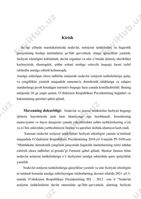 shkilotlari faoliyatini o’rganishni tahlil qilish kurs ishining obyekti bo’lib, predmetni ushbu jarayon haqidagi ma’lumotlar tashkil qiladi. kurs ishining metodik asosi: nodavlat va jamoat tashkilotlari faoliyatini o’rganishga oid hozirgi zamon nazariy qarashlari, o’zbekiston respublikasi konstitutsiyasi, o’zbekiston respublikasi prezidentining madaniyat va san’at sohasiga doir farmon va qarorlari va boshqalar ishimizga metodologik asos bo’lib xizmat qiladi. kurs ishining tuzilmasi: kirish, asosiy qism, xulosa va foydalanilgan adabiyotlar ro’yxatidan iborat. 1.nodavlat va notijorat tashkilotlari va ularning faoliyati. nodavlat notijorat tashkiloti – jismoniy yoki yuridik shaxslar tamonidan ixtiyoriylik asosida tashkil etilgan, daromad (foyda) olishni o’z faoliyatining asosiy maqsadi qilib olmagan hamda olingan daromadlarni o’z qatnashchilari (a’zolari) o’rtasida taqsimlamaydigan o’zini o’zi boshqarish tashkilotidir. nodavlat notijorat tashkiloti jismoniy yoki yuridik shaxslarning huquqlari va qonuniy manfaatlarini, boshqa demokratik qadryatlarni himoya qilish, ijtimoiy madaniy va ma’rifiy maqsadlarga erishish, ma’naviy va boshqa nomoddiy ehtiyojlarni qondirish, xayriya faoliyatini amalga oshirish uchun hamda boshqa ijtimoiy foydali maqsadlarda tuziladi. nodavlat notijorat tashkilotlar – davlat …