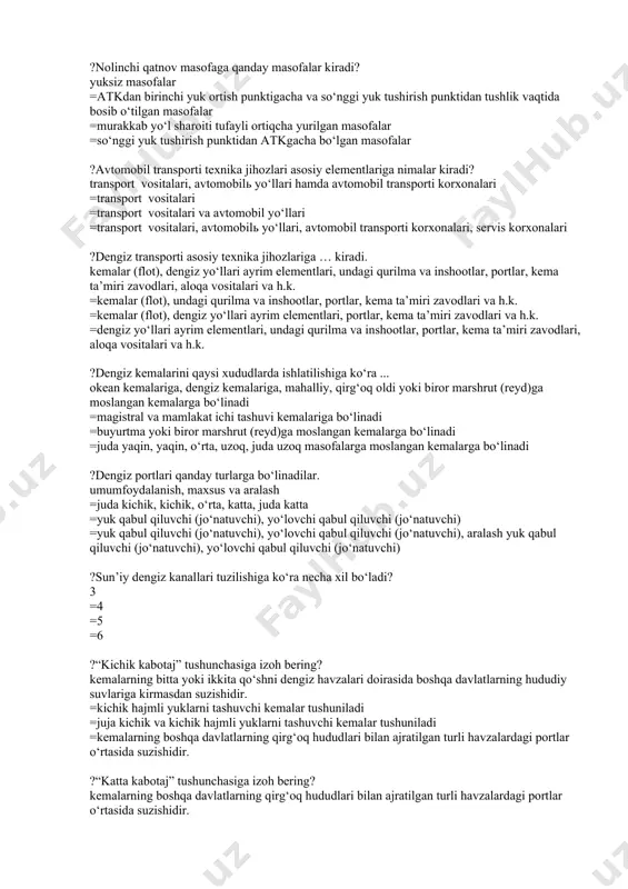 r va tirkamalar =o‘zi yurar va o‘zi yurmas avtomobillarga ?yuk tashiydigan harakatlanuvchi tarkib (avtomobil)ga ... kiradi. barcha markadagi universal bortli avtomobillar, samosval avtomobillar, tyagach avtomobillar, tirkamalar va yarim tirkamalar =eng kichik sig‘imli, eng kichik sig‘imli, o‘rta sig‘imli, katta sig‘imli, eng katta sig‘imli avtomobillar =tirkamalar va yarim tirkamalar =ixtisoslashtirilgan avtomobillar ?yuk avtomobillari yuk ko‘taruvchaligi (sig‘imi) bo‘yicha necha (sinf) turga bo‘linadi? 5 =4 =3 =6 ?avtobuslar yo‘lovchi sig‘imi bo‘yicha necha (sinf) turga bo‘linadi? 5 =4 =3 =6 ?avtomobilning yuk ko‘taruvchanligidan foydalanish koeffisiyenti qanday aniqlanadi? avtomobilning nominal yuk ko‘tarish qobiliyatini, amalda tashilgan yuk miqdoriga nisbati qilib =amalda tashilgan yuk miqdorini, avtomobilning nominal yuk ko‘tarish qobiliyatiga nisbati qilib =avtomobilning yuk bilan bosib o‘tgan masofasini, umumiy bosib o‘tilgan masofaga nisbati qilib =avtomobilning umumiy bosib o‘tgan masofasini, yuk bilan bosib o‘tilgan masofaga nisbati qilib ?nolinchi qatnov masofaga qanday masofalar kiradi? yuksiz masofalar =atkdan birinchi yuk ortish punktigacha va so‘nggi yuk tushirish punktidan tushlik vaqtida bosib o‘tilgan …