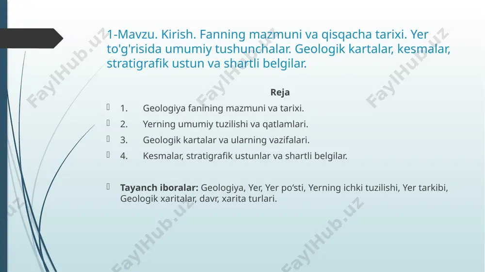 lib, u yer qatlamlari tarkibini, tuzilishini va rivojlanish tarixini, unda kechayotgan ichki va tashqi jarayonlarni o'rganadi. bu masalalar keng ko'lamda bo'lganligi tufayli geologiya fani bir necha maxsus sohalarga bo'lingan va ularning har biri muayyan vazifalarga ega. yerning moddiy tarkibini mineralogiya (minerallar haqidagi fan) va kristallografiya (kristallar haqidagi fan), petrografiya tofjinslar haqidagi fan), geokimyo (yer kimyosini o'rganuvchi fan), paleontologiya (qadimgi organizmlarning toshqotgan qoldiqlari haqidagi fan), tuproqshunoslik (tuproq haqidagi fan) , foydali qazilmalar geologiyasi (mineral xomashyolarni o'rganuvchi fan), gidrogeologiya (yerosti suvlari haqidagi fan) va boshqalarni o'rganadi. yer yuzasining shakllari, ularning paydo bo'lishi, rivojlanishi va taraqqiyotini geomorfologiya fani o'rganadi. yer shari yuzasining relef shakllarini geodeziya tekshirsa, uning fizik xossalari hamda xususiyatlarini geofizika, yerning yoshi va qatlamlar munosabatini stratigrafiya, yerning ichki tog' hosil qiluvchi harakatlarini geotektonika va strukturali geologiya o'rganadi. yerning umumiy tuzilishi va qatlamlari. image1.png /docprops/thumbnail.jpeg
