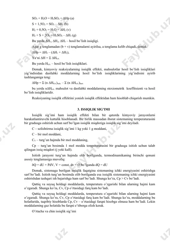 .–(aha+vhv+...) (4.11.) bo’ladi. δh = (т) ifodasini topish uchun tenglama t bo’yicha differentsiallanadi: ma‘lumki: demak: bo’ladi. bu yerda δсp – mahsulotlar issiqlik sig’imining yig’indisi bilan dastlab moddalarning issiqlik sig’imi yig’indisi farqi. va (4.12.) (4.13.) bunda, δh2, δh1 lar т1 va т2 dagi entalpiya o’zgarishlaridir. agar kimyoviy jarayon izoxorik sharoitda bo’lsa: va umuman. (4.14.) bu kirxgof qonuni tenglamasidir. _1196666838.unknown _1196667742.unknown _1196668935.unknown _1199773714.unknown _1208851416.unknown _1196669083.unknown _1196669322.unknown _1196669409.unknown _1196668993.unknown _1196668554.unknown _1196668615.unknown _1196668351.unknown _1196667204.unknown _1196667293.unknown _1196667108.unknown _1196666525.unknown _1196666654.unknown _1196666760.unknown _1196666582.unknown _1196665769.unknown _1196666072.unknown _1196665610.unknown